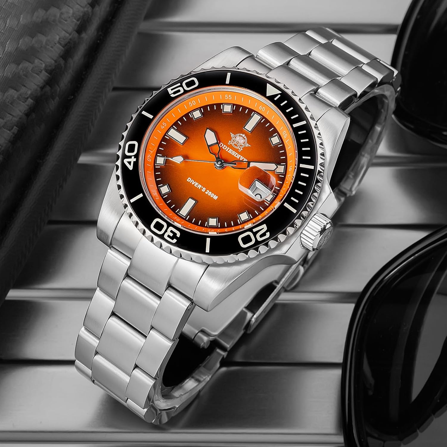 ADDIESDIVE Quartz Men's Diver's Watch 200M Luminescent Stainless Steel Orange-2089