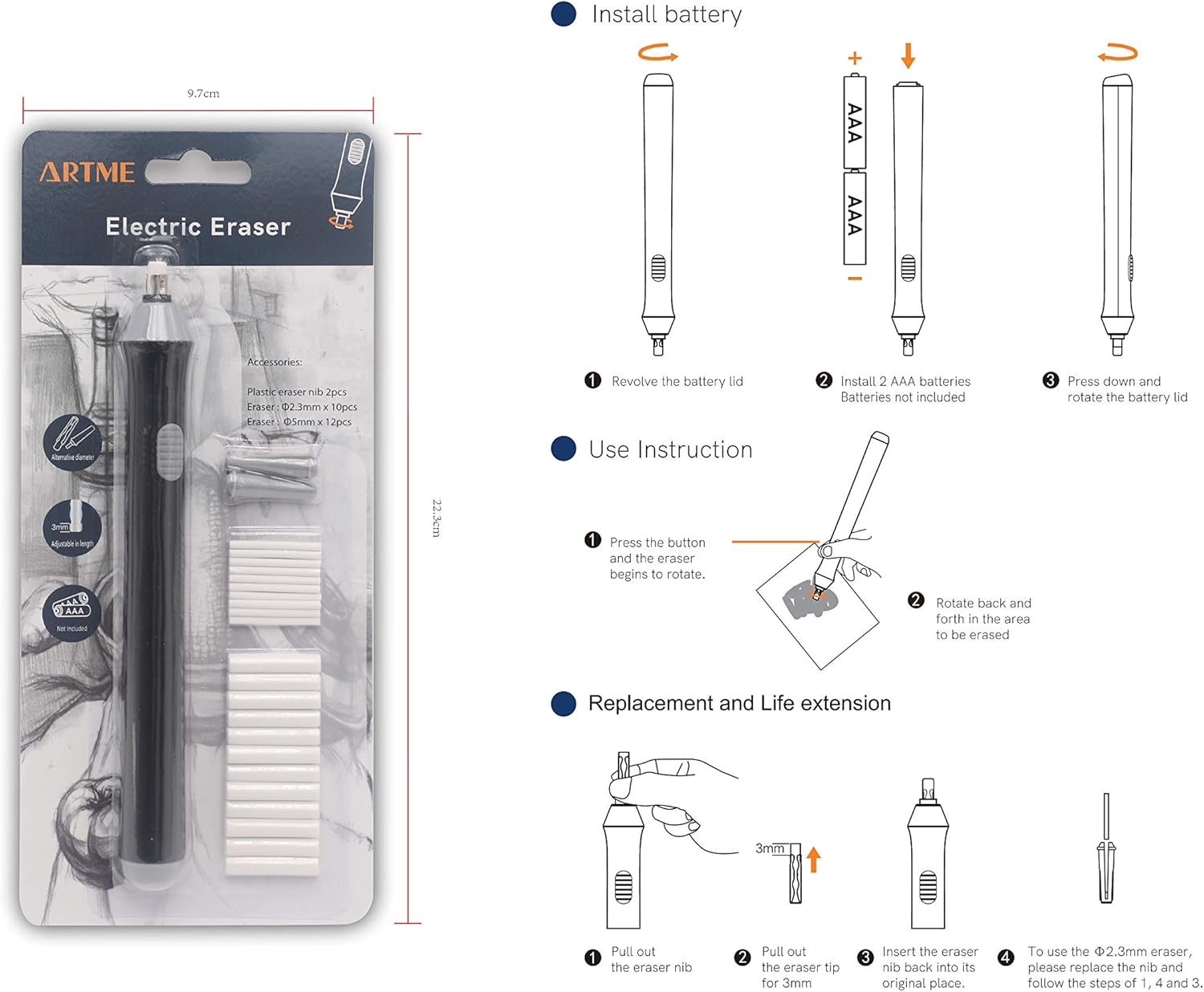 Artme Electric/Automatic Eraser – 22 Refills Included (2.3mm & 5mm) – Sketches, Architects, Engineers and Students Black and Grey.