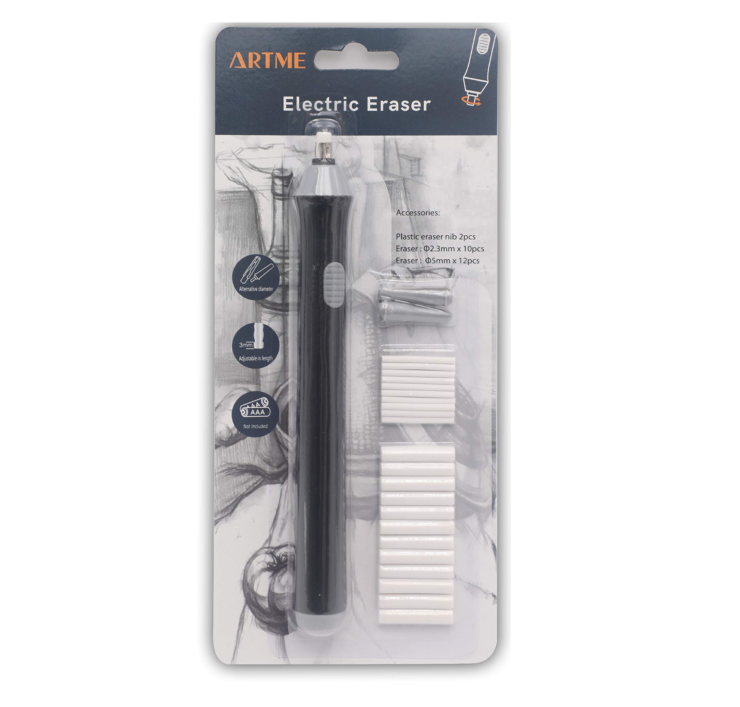 Artme Electric/Automatic Eraser – 22 Refills Included (2.3mm & 5mm) – Sketches, Architects, Engineers and Students Black and Grey.