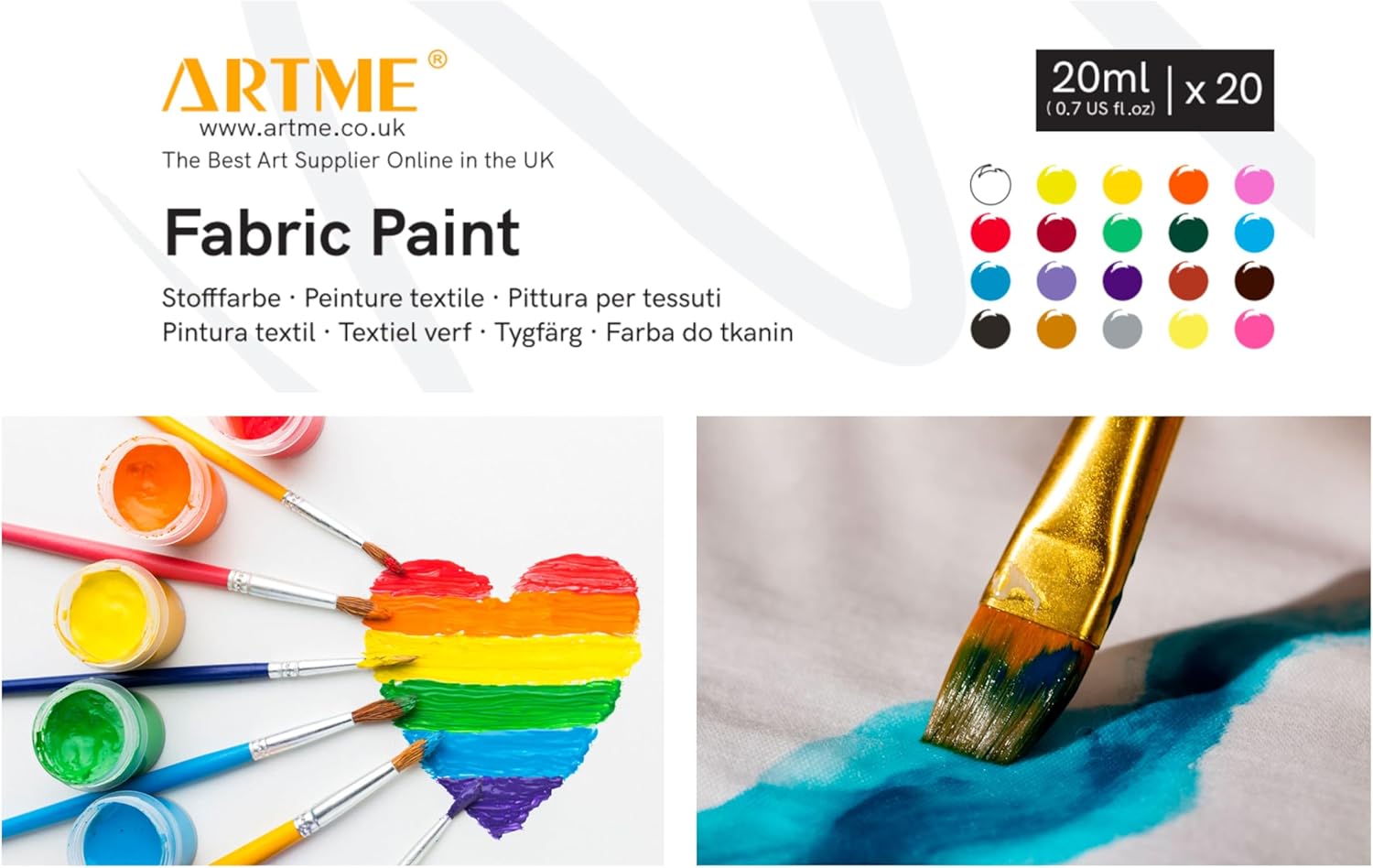 Artme Set of fabric dyes 20 colors 20 ml x20 - Washable Fabric paint x 20