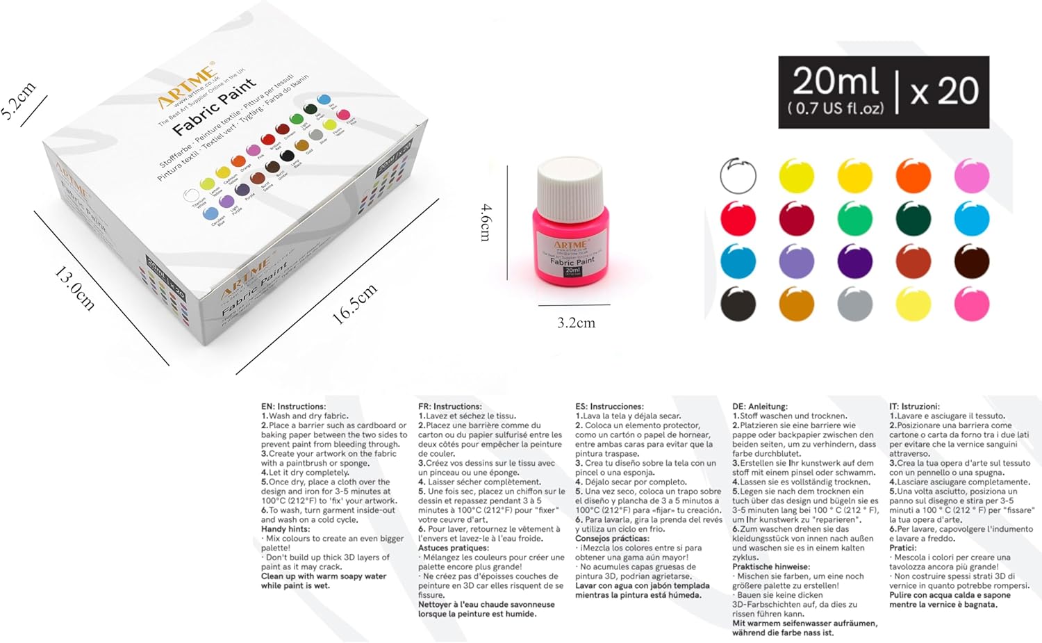 Artme Set of fabric dyes 20 colors 20 ml x20 - Washable Fabric paint x 20