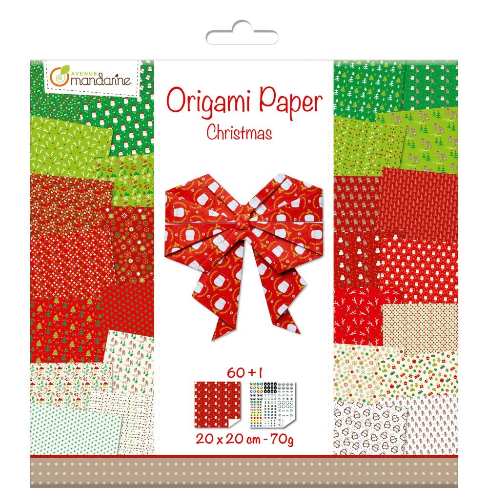 Avenue Mandarine OR506C - Pack of 60 origami sheets 20x20 cm 70g (30 motifs x 2 sheets) and a sheet of stickers included, Christmas 2