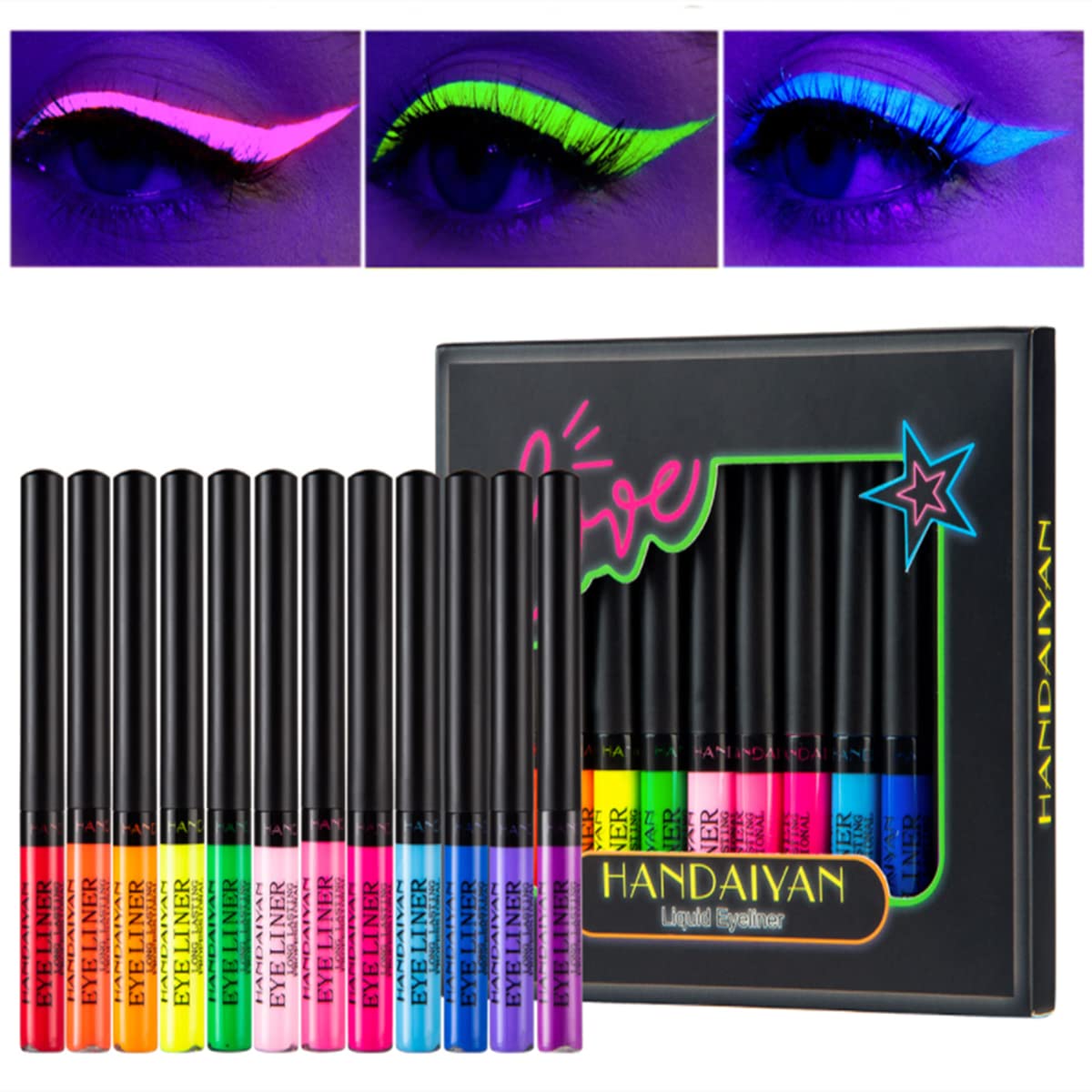 Beauty Searcher Neon Liquid Eyeliner Set, 12 Colors UV Glow Matte Eyeliner, Waterproof and Smudge-Proof, Long Lasting, Fluorescent Makeup for Body and Face Neon, Fluorescent