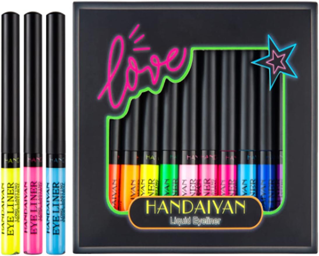 Beauty Searcher Neon Liquid Eyeliner Set, 12 Colors UV Glow Matte Eyeliner, Waterproof and Smudge-Proof, Long Lasting, Fluorescent Makeup for Body and Face Neon, Fluorescent