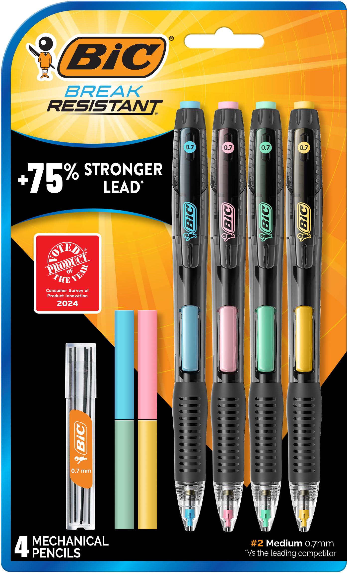 Bic Break-resistant mechanical pencils with rubbers, n. 2 Medium Tip (0.7mm) 4 Pack Pencils for School or Office