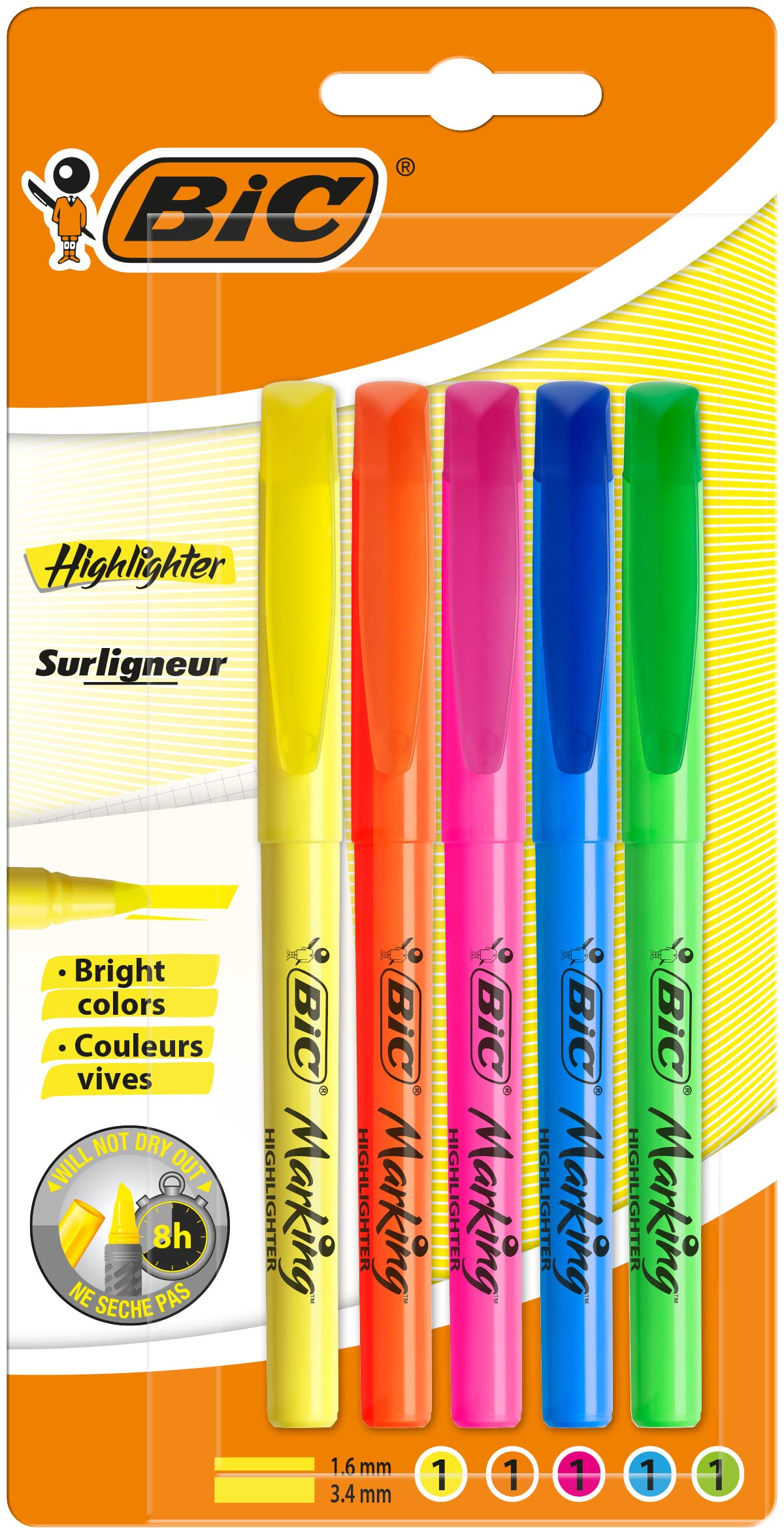 Bic Brite Liner - Highlighter, pack of 5, assorted colours