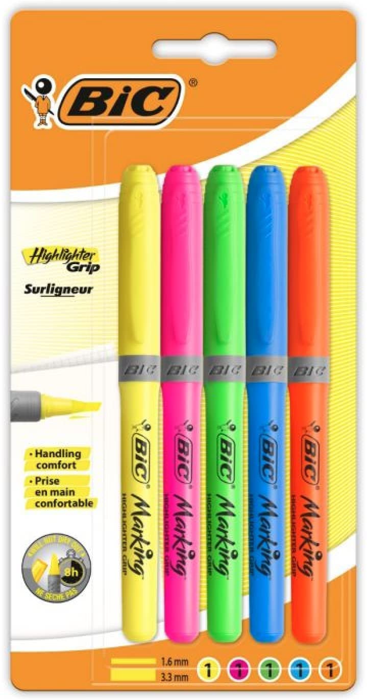 Bic Grip Highlighter Pens Pack of 5 Pack of 5 assorted colours. Single 5 units (Pack of 1)