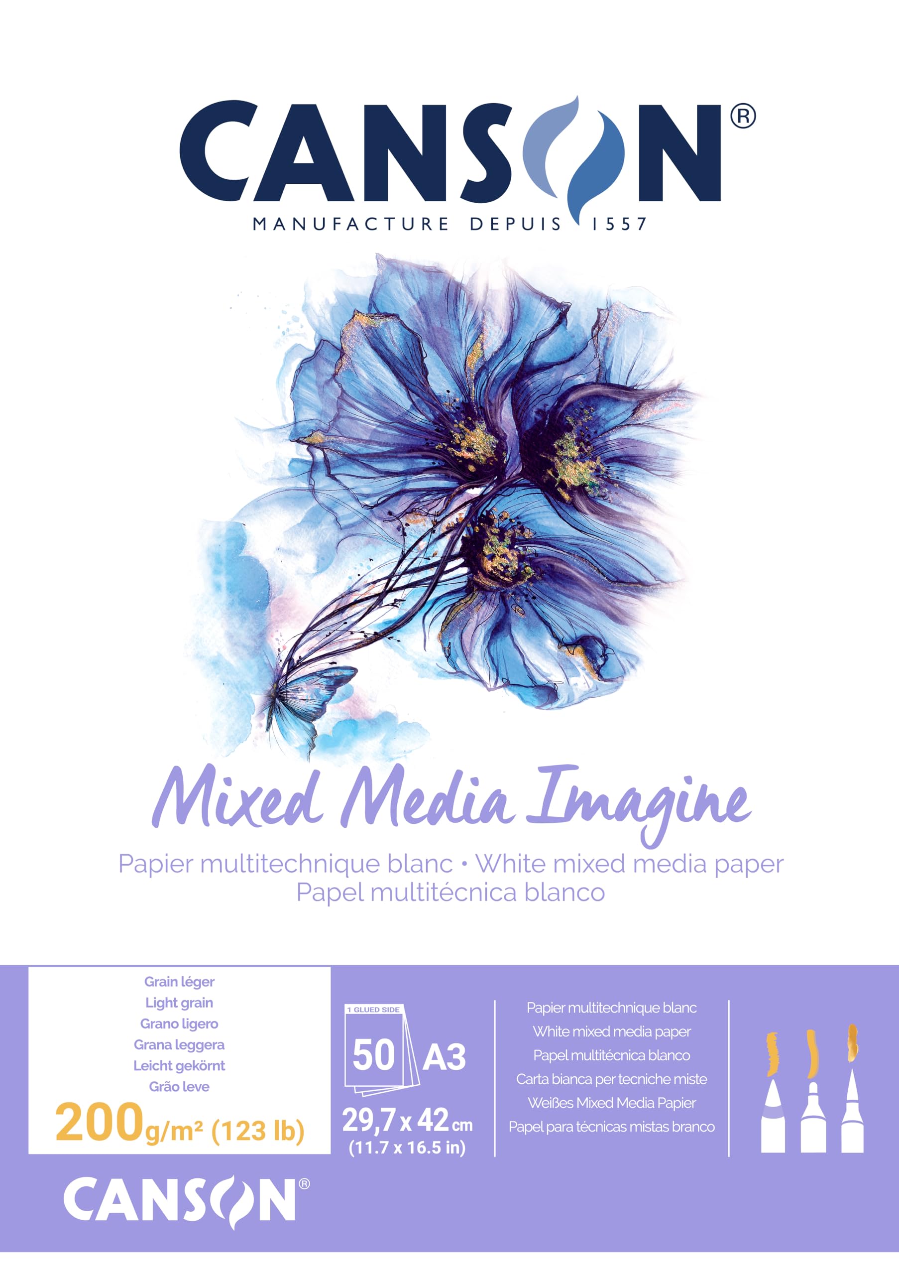 Canson Imagine, Drawing Paper, A3, 200 g, 50 Sheets Light Grain Glued 1 Side A3 - 29.7 x 42 cm Single