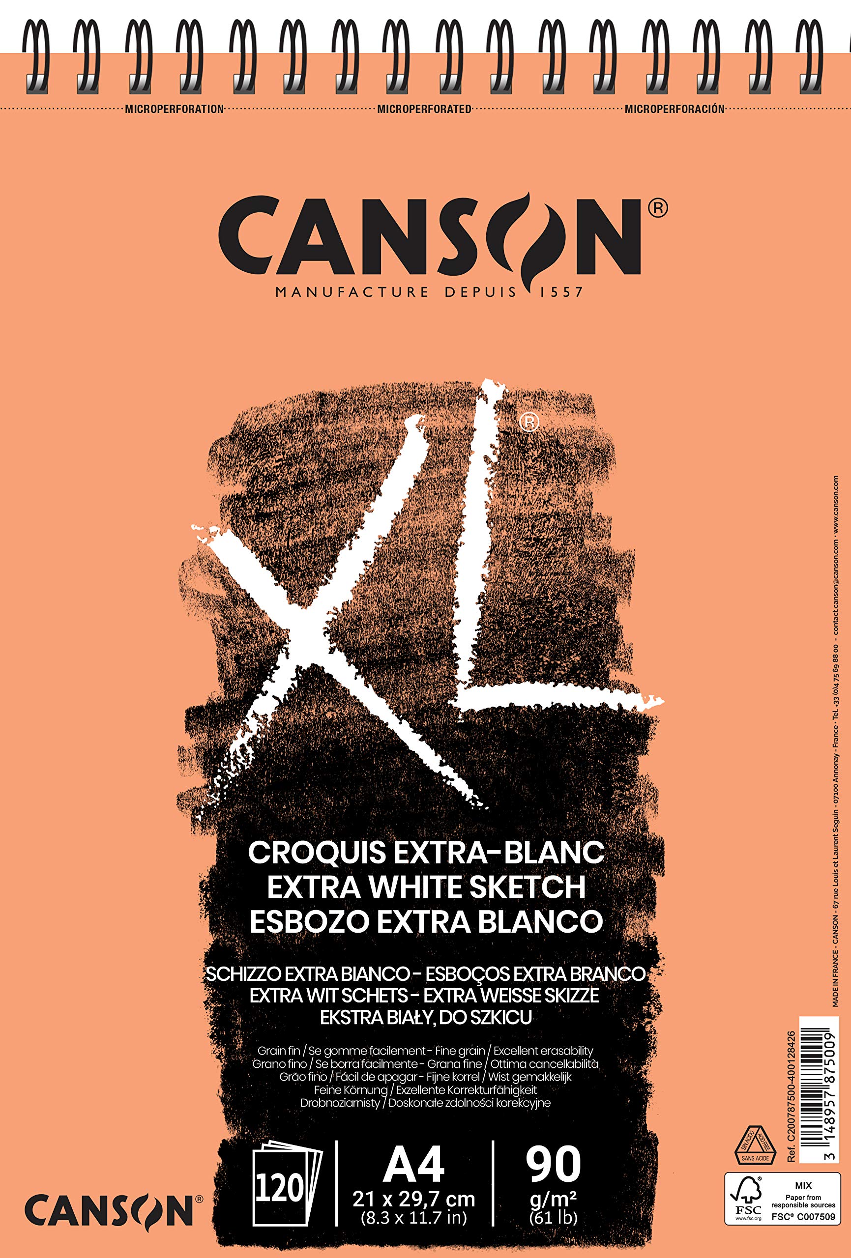Canson XL Extra-Blanc drawing and sketchbook, pure white paper, A4, 120 sheets, 90g/m fine grain, 210 x 311 mm