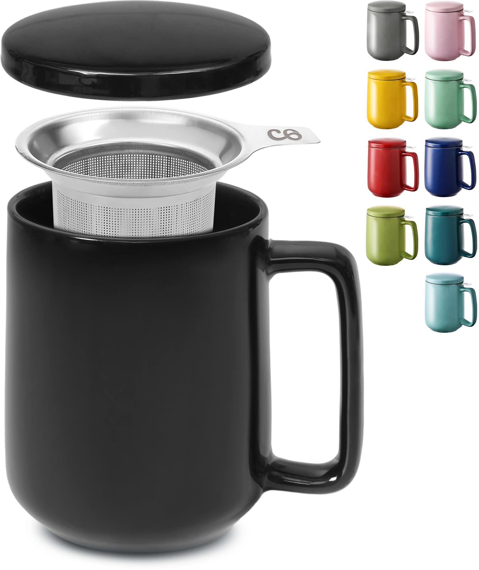 Ceramic Mug with Filter and Lid - 500ml Large - With Handle - Dishwasher Safe - For Tea and Infusions Black