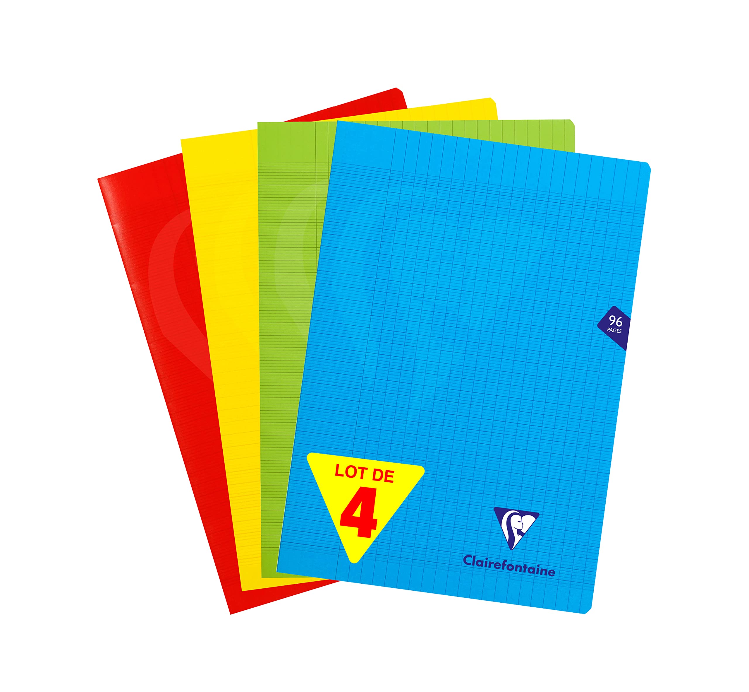 Clairefontaine Mimesys 294161AMZ - Set of 4 stapled notebooks, A4 format, 21 x 29.7 cm, 96 pages, large squares, white paper, 90 g, polypropylene cover (blue, red, yellow and green) 96 pages - grands carreaux Set of 4 Single