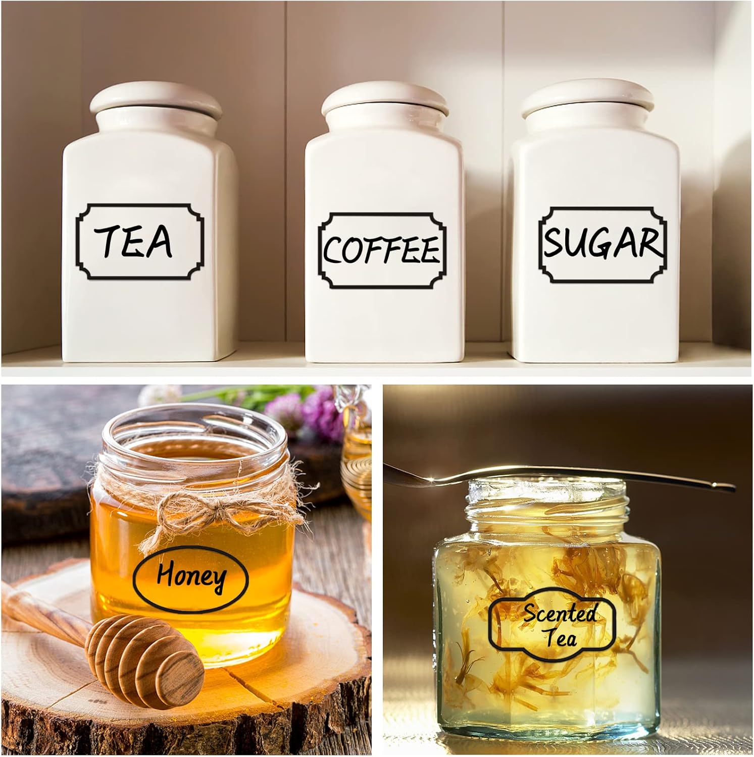 Clear Jar Labels, Removable Clear Adhesive Labels with Black Border, Waterproof Kitchen Labels to Write on for Basket, Home Organization 138 Pieces Clear_Black