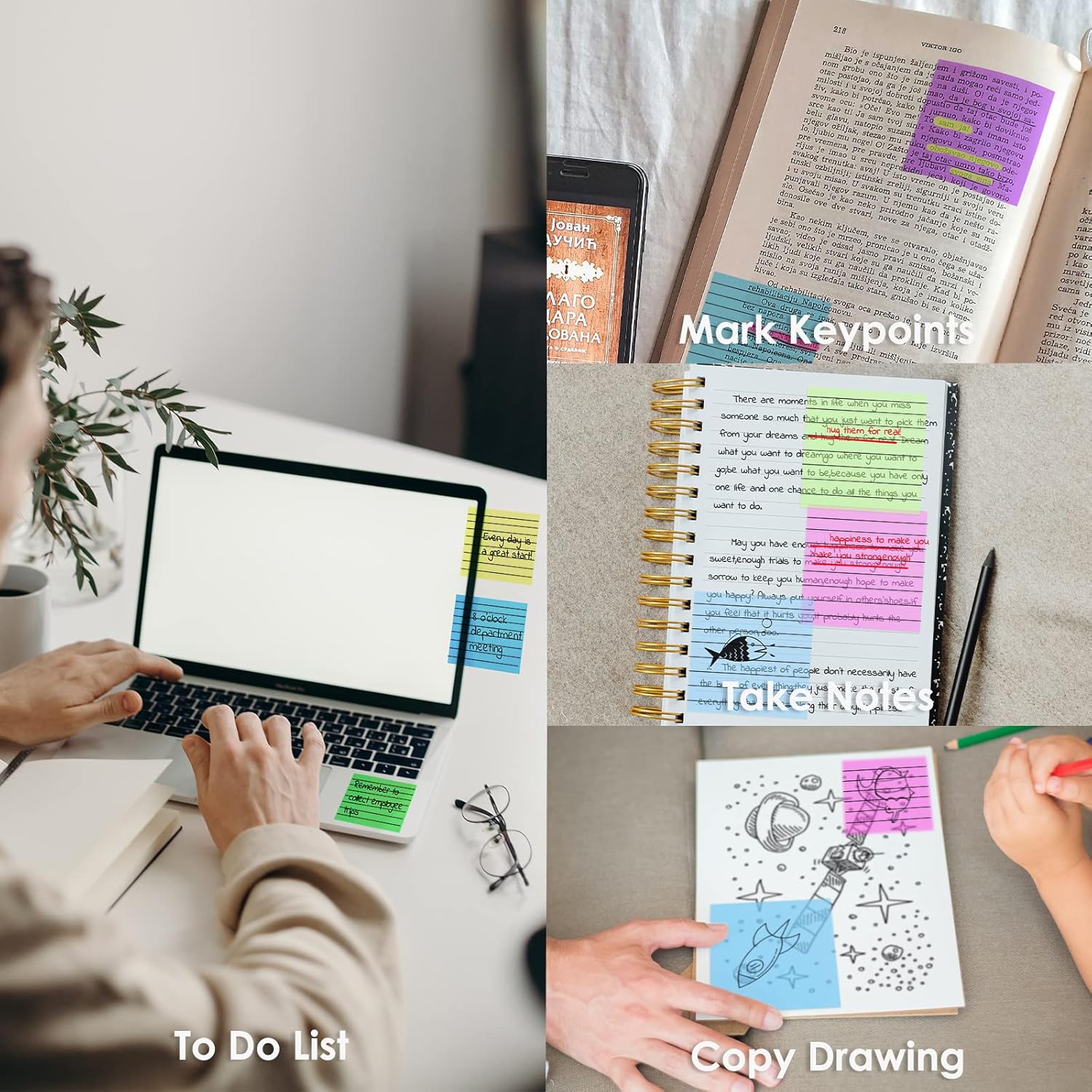 Clear Sticky Notes, 300 Sheets Transparent Memo Sticky Notes, Reusable, Waterproof, Sticky Paper Office Supplies for Students, 75 x 75 cm (6 Colors, 6 Packs)