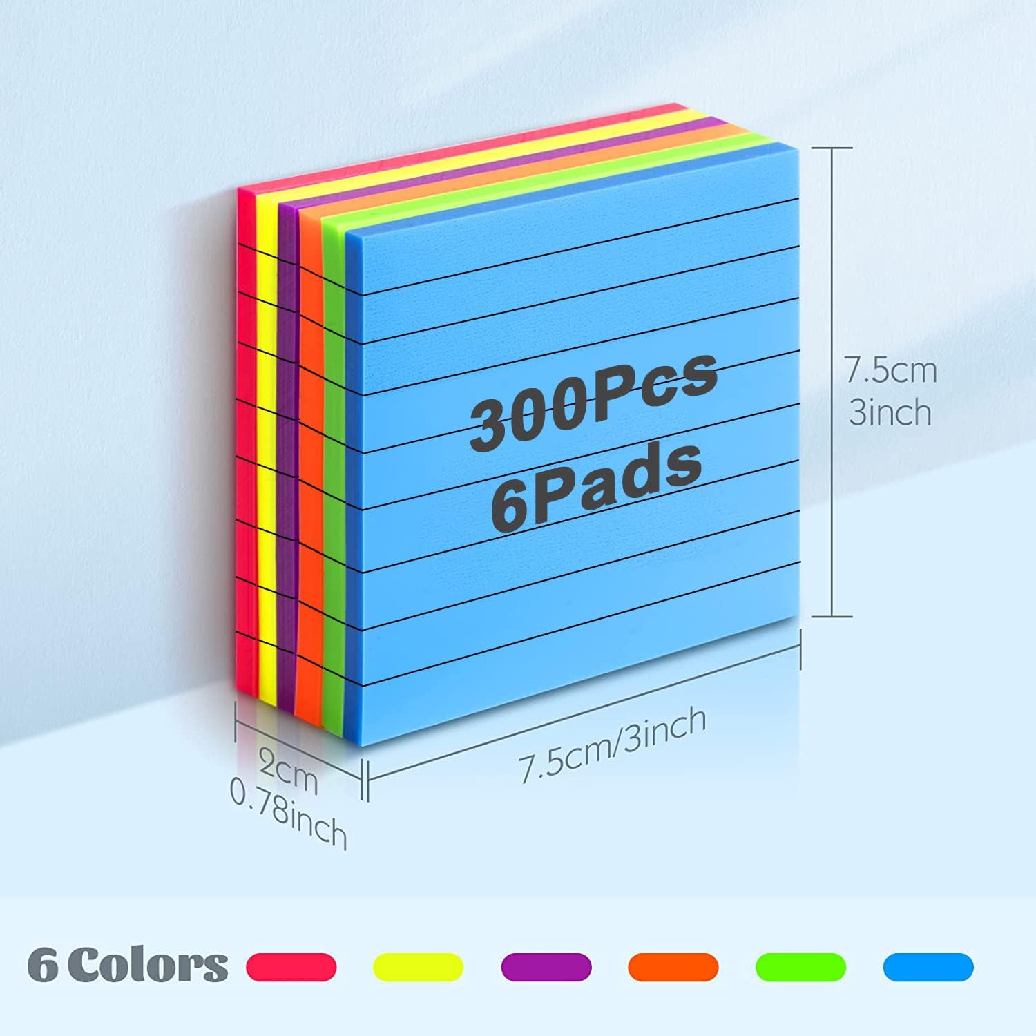 Clear Sticky Notes, 300 Sheets Transparent Memo Sticky Notes, Reusable, Waterproof, Sticky Paper Office Supplies for Students, 75 x 75 cm (6 Colors, 6 Packs)