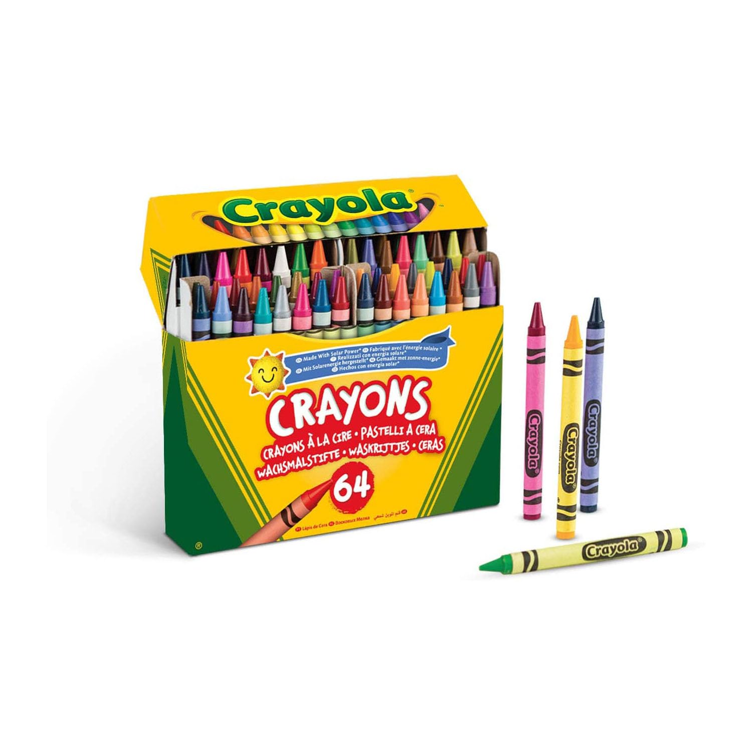 CRAYOLA Wax Crayons, Pack of 64 crayons, Sharpener Included in the Pack, for School and Leisure, 64 Assorted Colors, Made with Solar Energy, 52-6448 Retractable