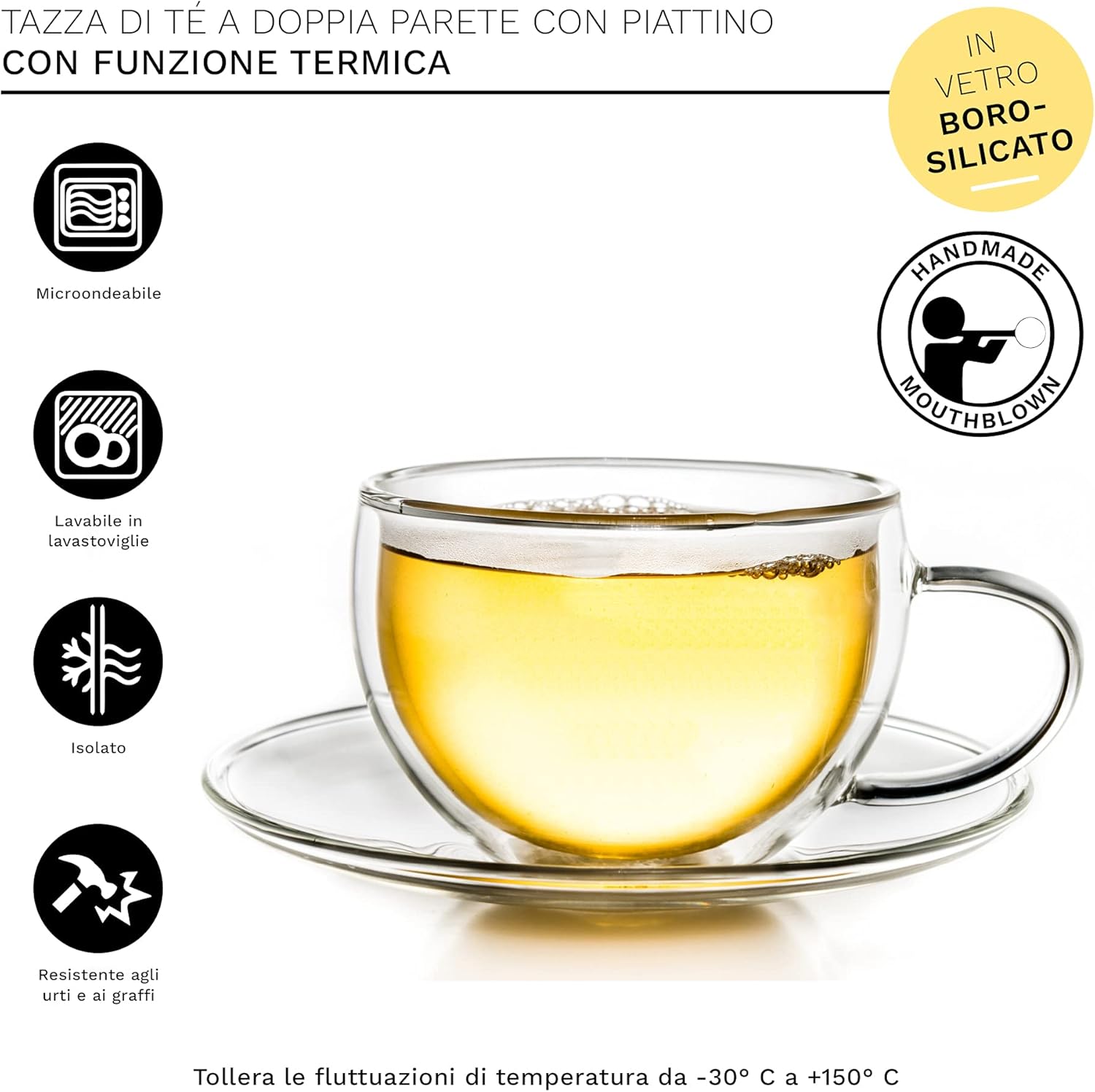 Creano 1 Double Wall Thermal Cup 250ml with Handle and Saucer - Borosilicate Glass Tumbler - Thermal Cup Latte Macchiato Tea Ideal Gift - 1x 250ml