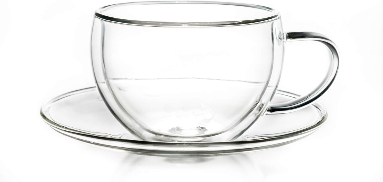 Creano 1 Double Wall Thermal Cup 250ml with Handle and Saucer - Borosilicate Glass Tumbler - Thermal Cup Latte Macchiato Tea Ideal Gift - 1x 250ml