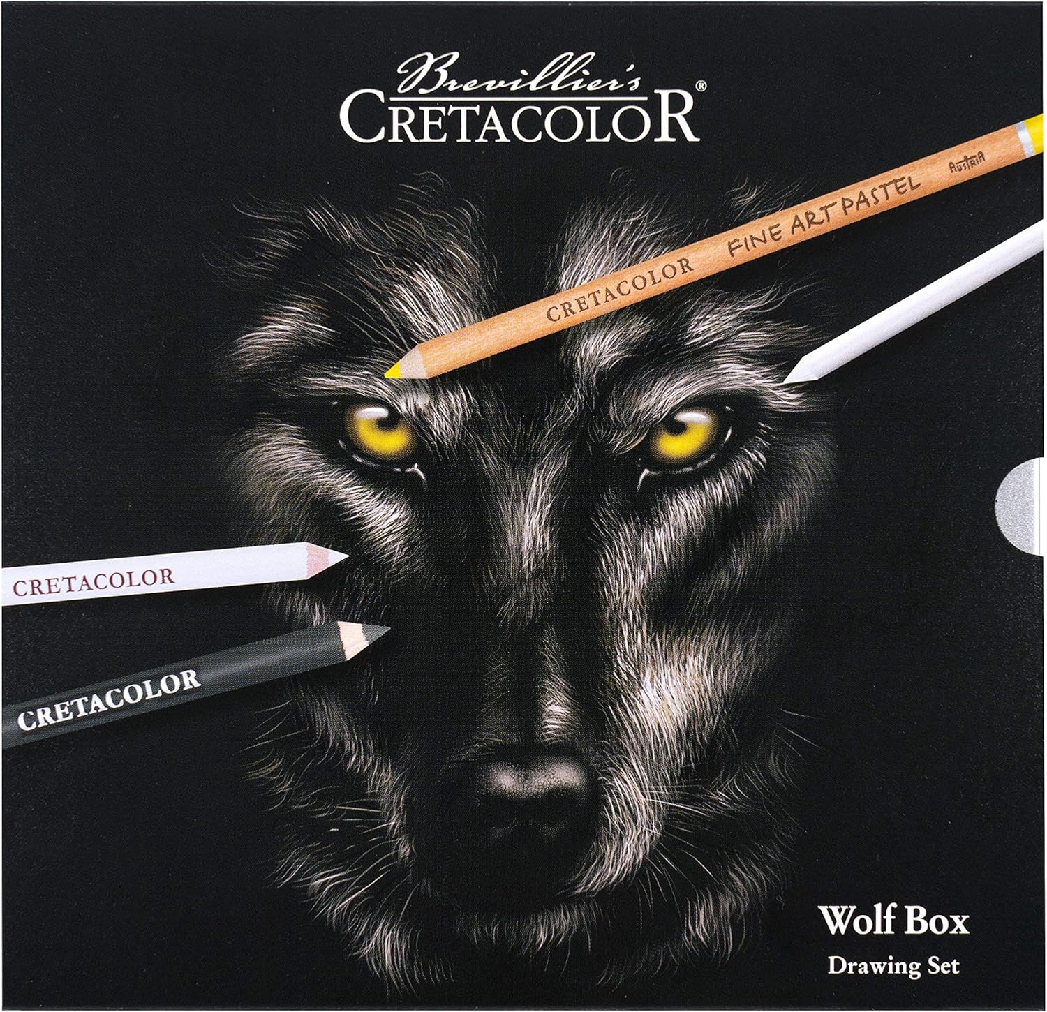 CRETACOLOR Wolf Box, Black - White Sign Set, 25 pieces, high-quality drawing utensils, including Knetradierer & Künstlerspitzer, and glossy leather