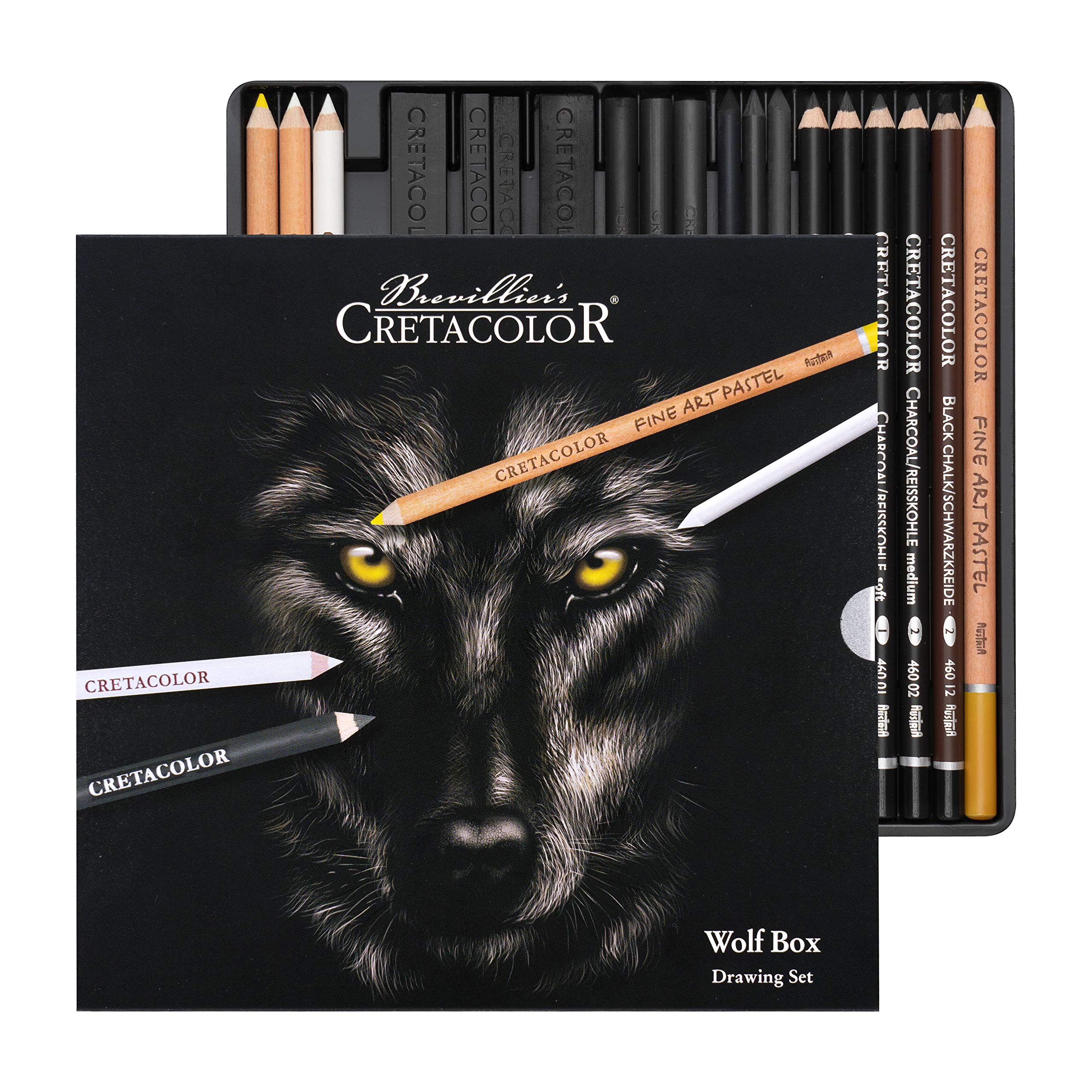 CRETACOLOR Wolf Box, Black - White Sign Set, 25 pieces, high-quality drawing utensils, including Knetradierer & Künstlerspitzer, and glossy leather