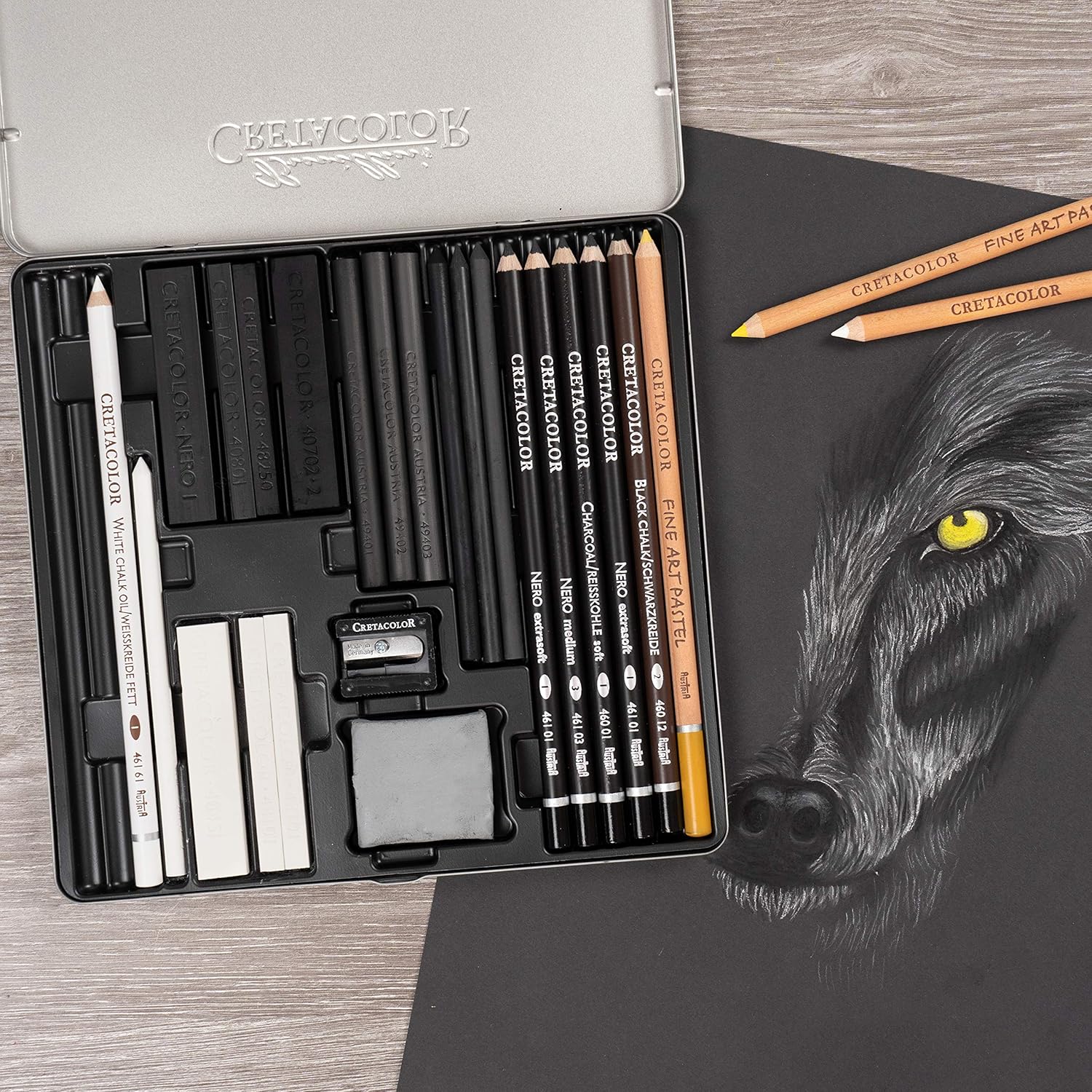 CRETACOLOR Wolf Box, Black - White Sign Set, 25 pieces, high-quality drawing utensils, including Knetradierer & Künstlerspitzer, and glossy leather