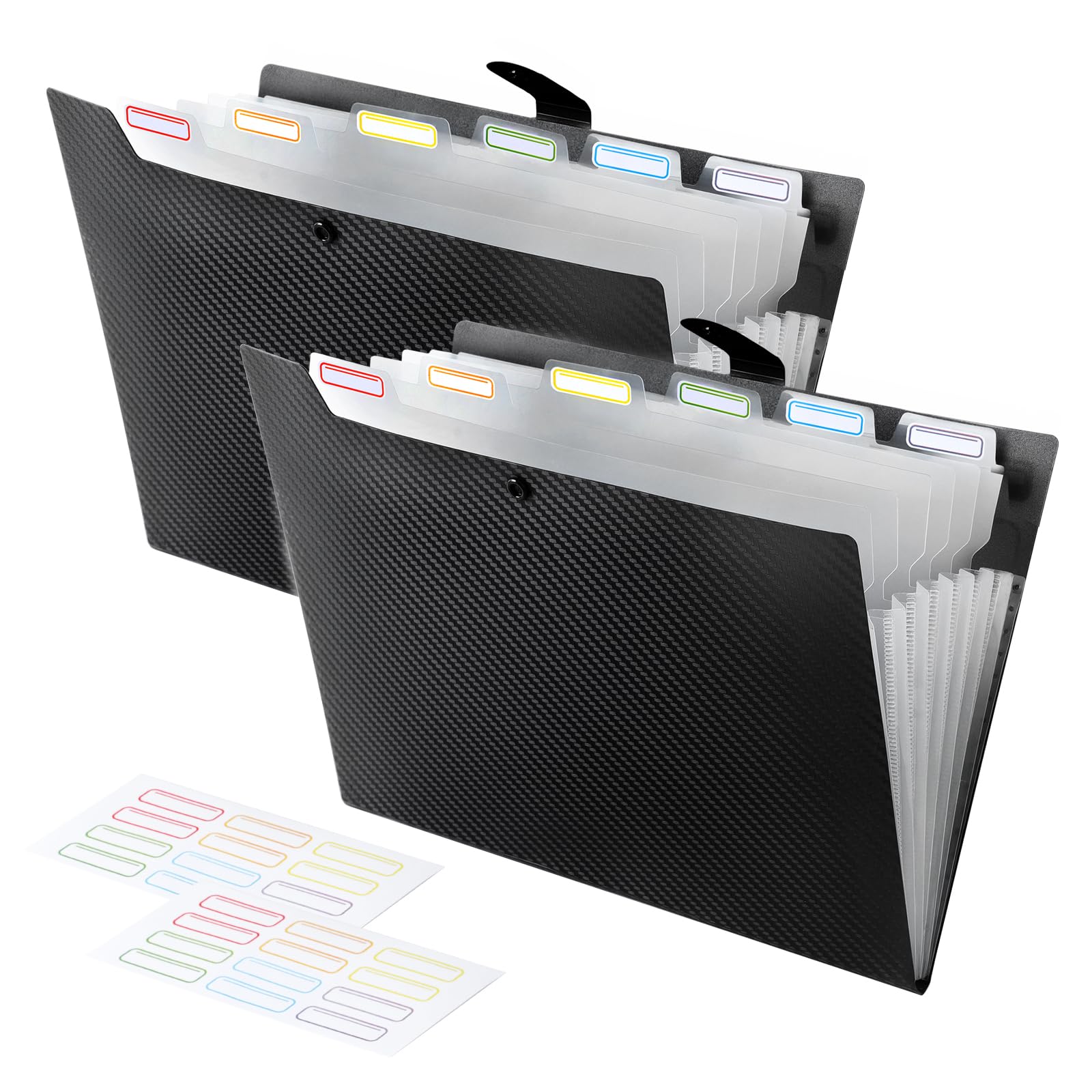Document Binder with 7 Pockets, 2 Pieces A4 Document Folders Label Design, Document Holder Button Design, Dividers Ring Binder, Black 2 Pieces, Black
