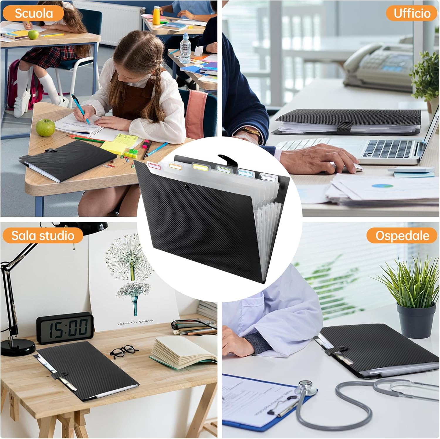 Document Binder with 7 Pockets, 2 Pieces A4 Document Folders Label Design, Document Holder Button Design, Dividers Ring Binder, Black 2 Pieces, Black