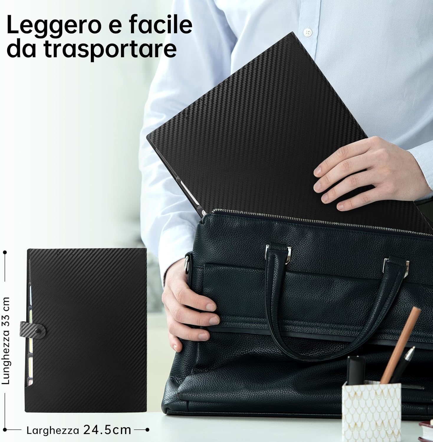 Document Binder with 7 Pockets, 2 Pieces A4 Document Folders Label Design, Document Holder Button Design, Dividers Ring Binder, Black 2 Pieces, Black