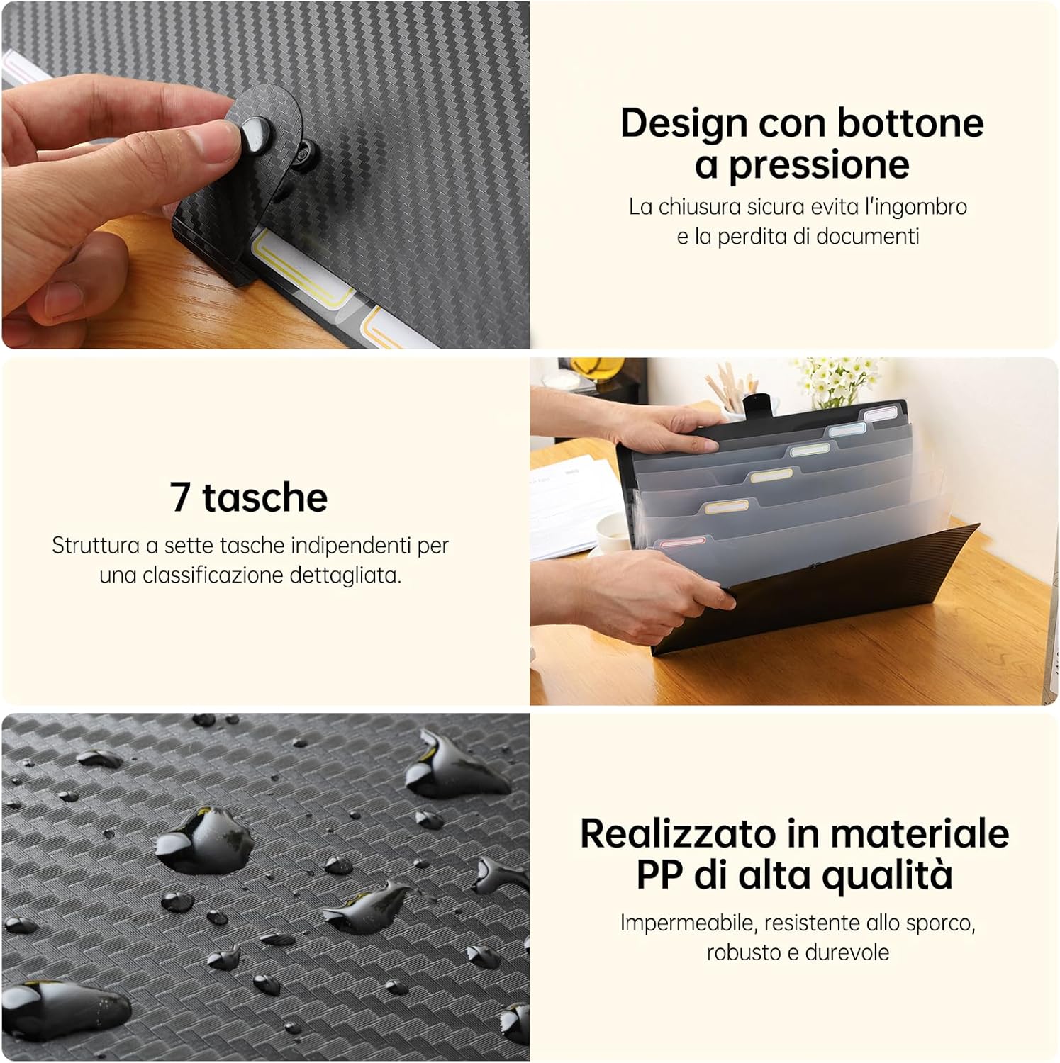 Document Binder with 7 Pockets, 2 Pieces A4 Document Folders Label Design, Document Holder Button Design, Dividers Ring Binder, Black 2 Pieces, Black