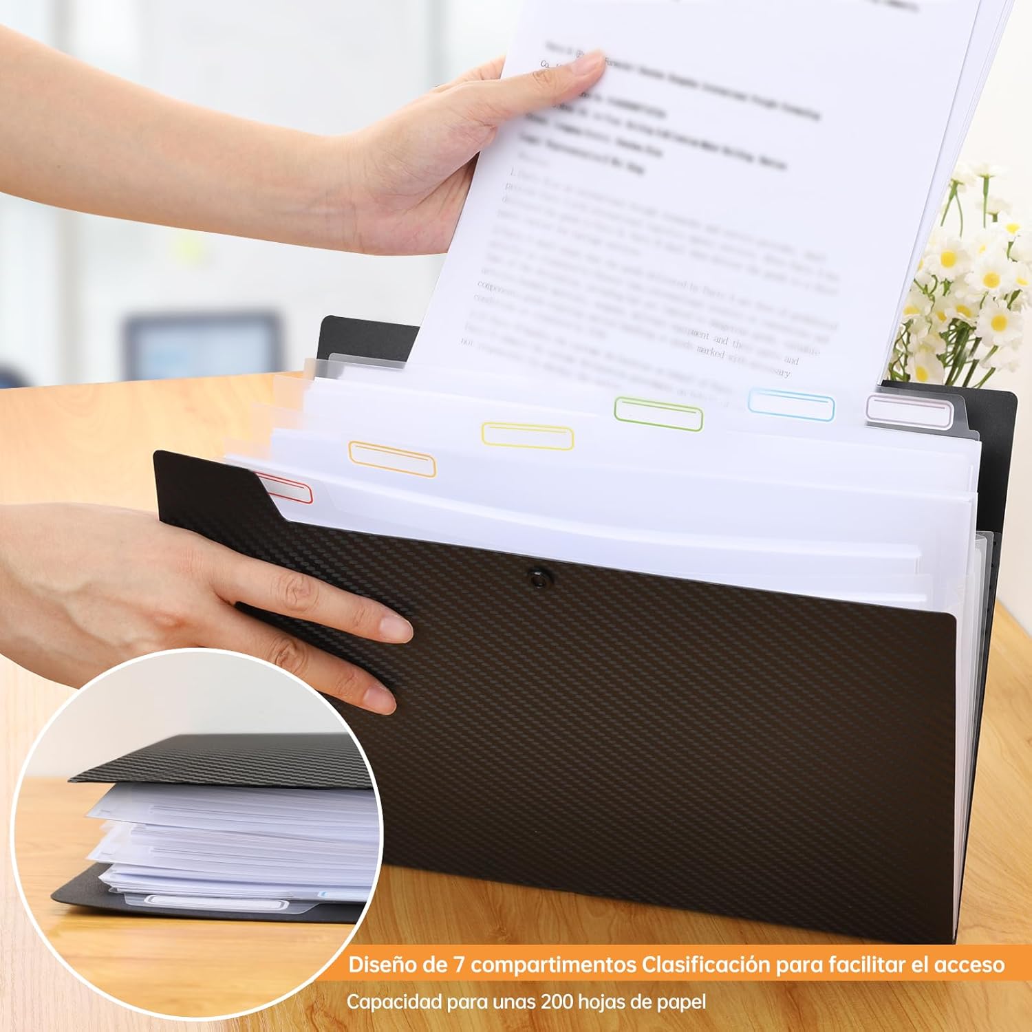 Document Binder with 7 Pockets, 2 Pieces A4 Document Folders Label Design, Document Holder Button Design, Dividers Ring Binder, Black 2 Pieces, Black