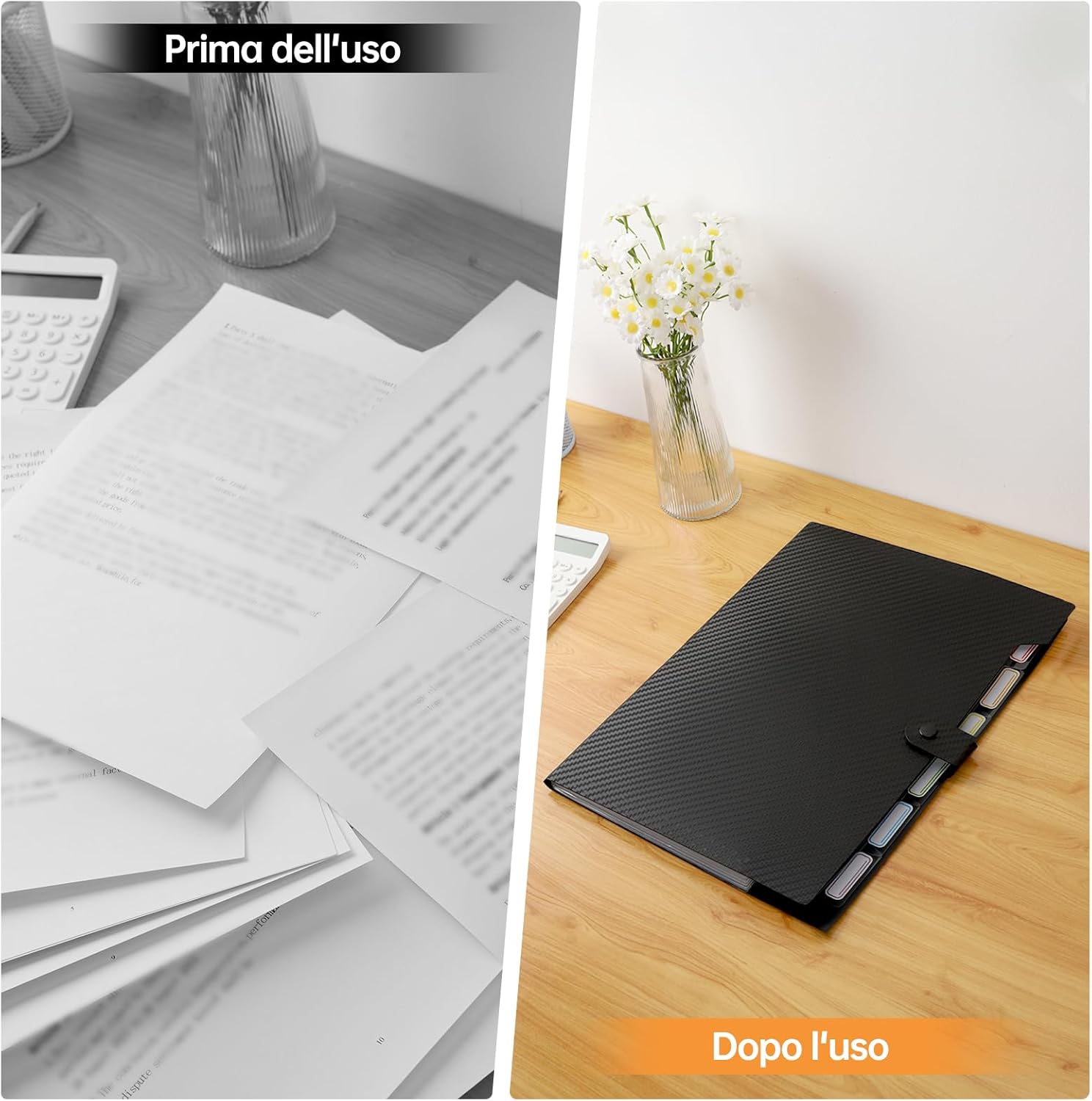 Document Binder with 7 Pockets, 2 Pieces A4 Document Folders Label Design, Document Holder Button Design, Dividers Ring Binder, Black 2 Pieces, Black