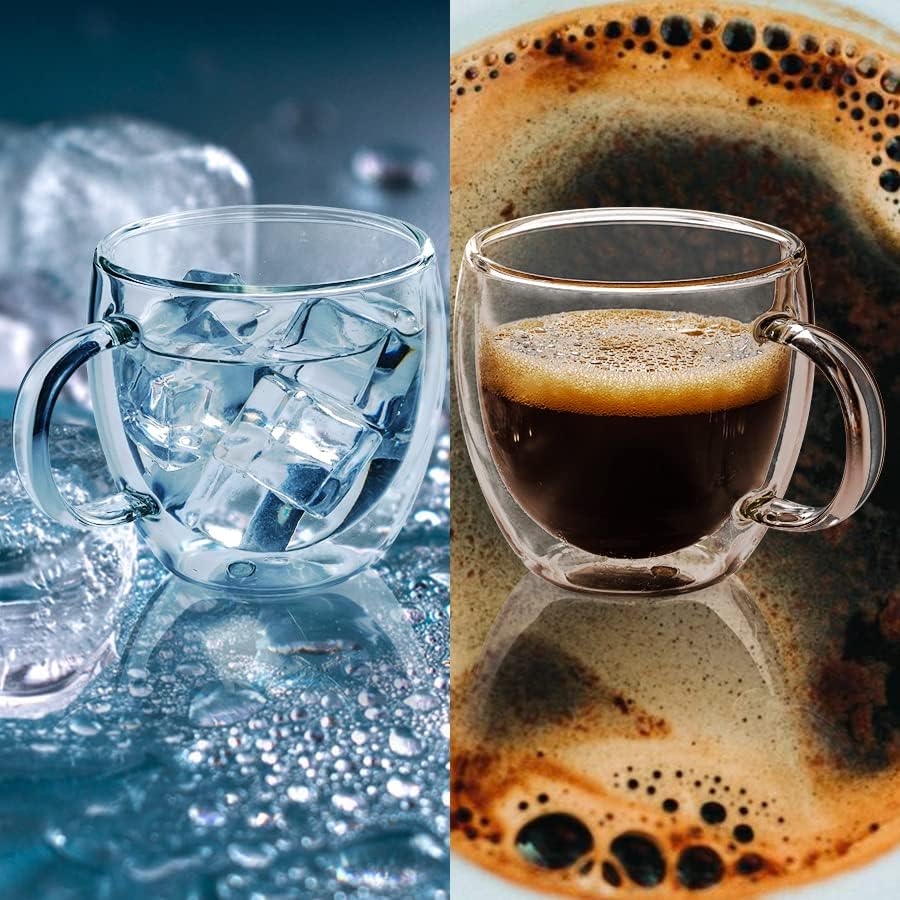 Double Wall Glass Coffee Mugs, 150ml, Set of 2, Borosilicate Glass Insulated Mugs with Handle