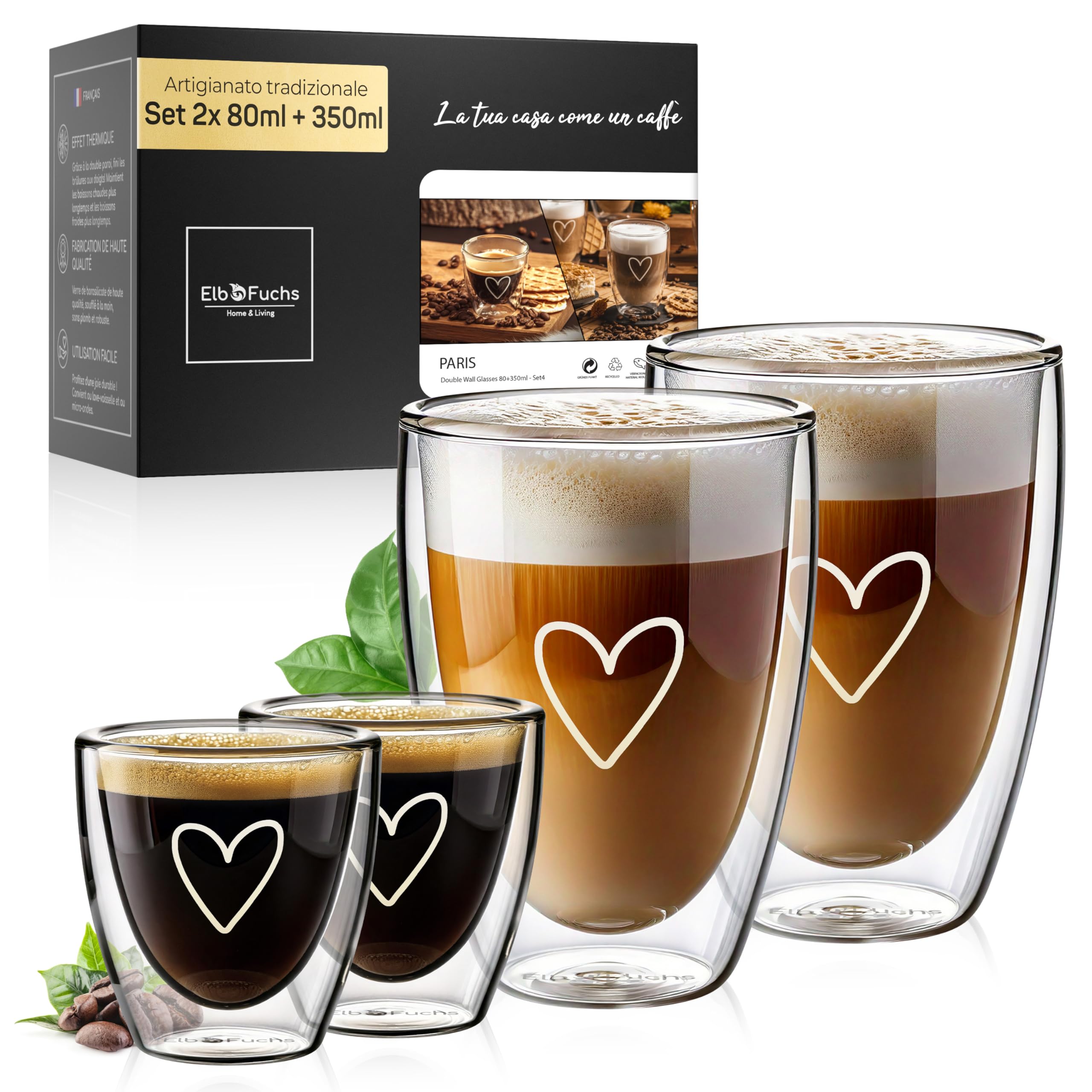 Double Walled Latte Macchiato Glasses Combo Set (2x 80ml + 2x 350ml) Transparent Double Walled Insulated Glasses | Coffee cups and cappuccino cups 03 Paris - Set4 80+350ml