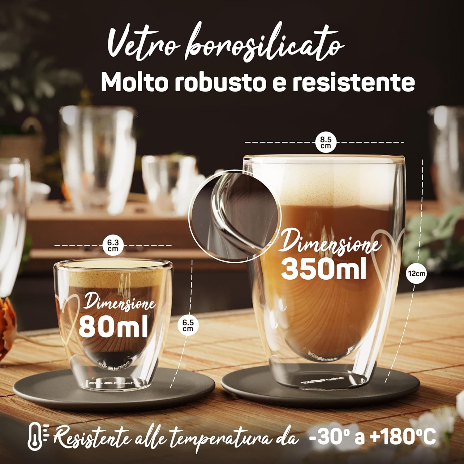 Double Walled Latte Macchiato Glasses Combo Set (2x 80ml + 2x 350ml) Transparent Double Walled Insulated Glasses | Coffee cups and cappuccino cups 03 Paris - Set4 80+350ml
