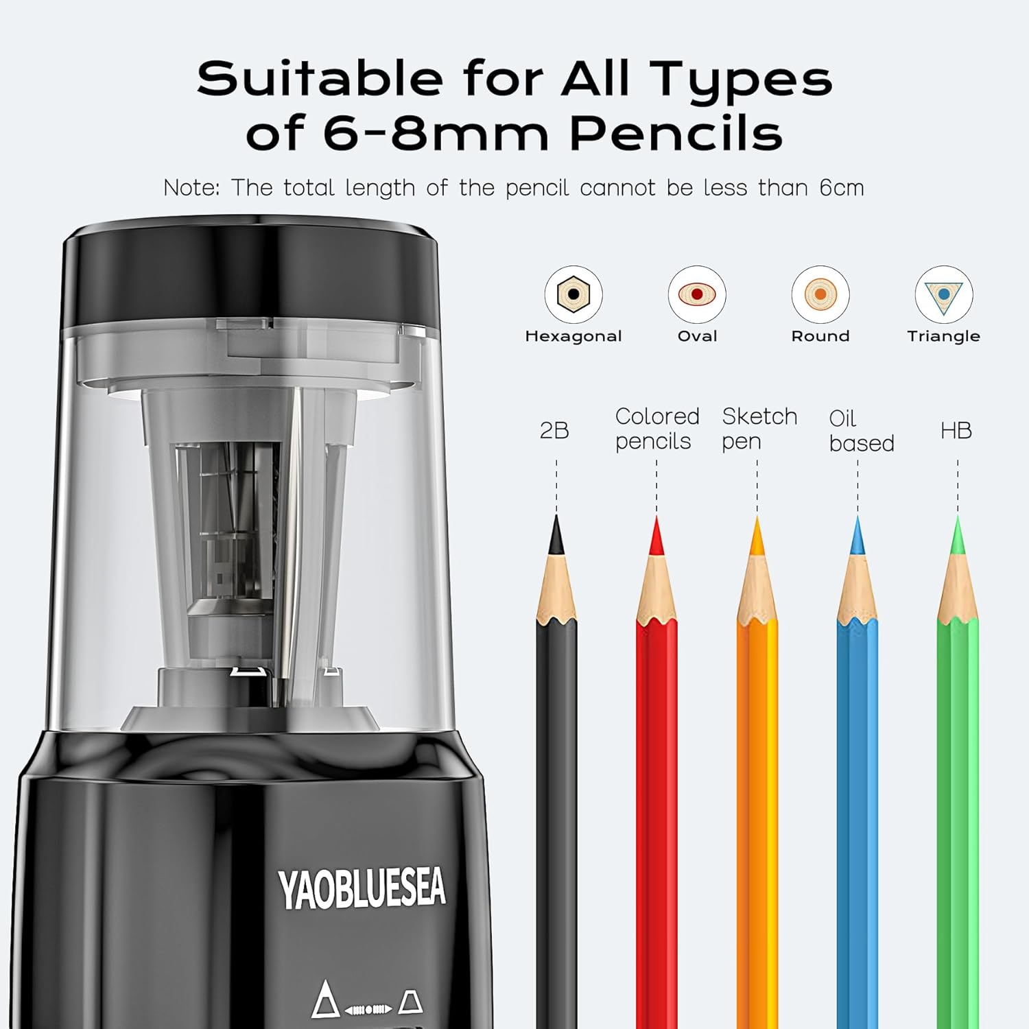 Electric Pencil Sharpener USB Rechargeable Professional Electric Pencil Sharpener with Large Reservoir, Portable Hand Free Sharpener for Adjustable 6-8 mm Pencils Children Office Home Black