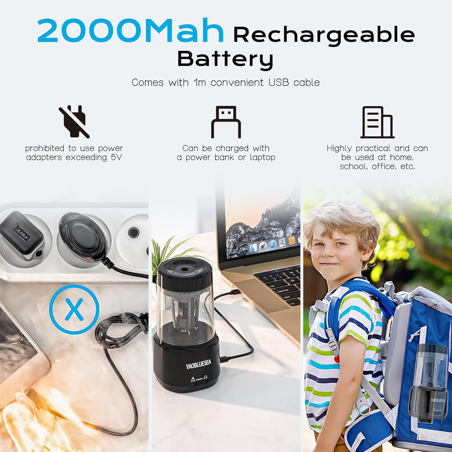 Electric Pencil Sharpener USB Rechargeable Professional Electric Pencil Sharpener with Large Reservoir, Portable Hand Free Sharpener for Adjustable 6-8 mm Pencils Children Office Home Black