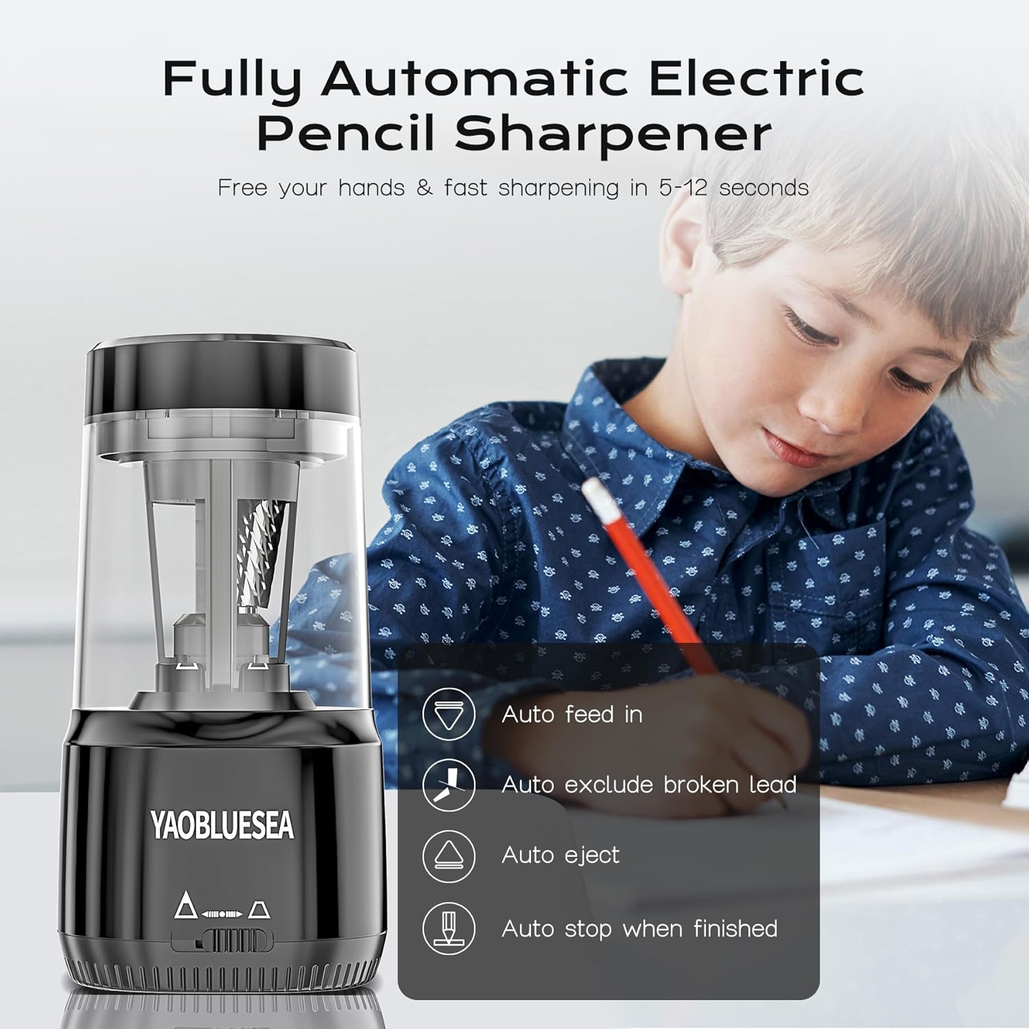 Electric Pencil Sharpener USB Rechargeable Professional Electric Pencil Sharpener with Large Reservoir, Portable Hand Free Sharpener for Adjustable 6-8 mm Pencils Children Office Home Black