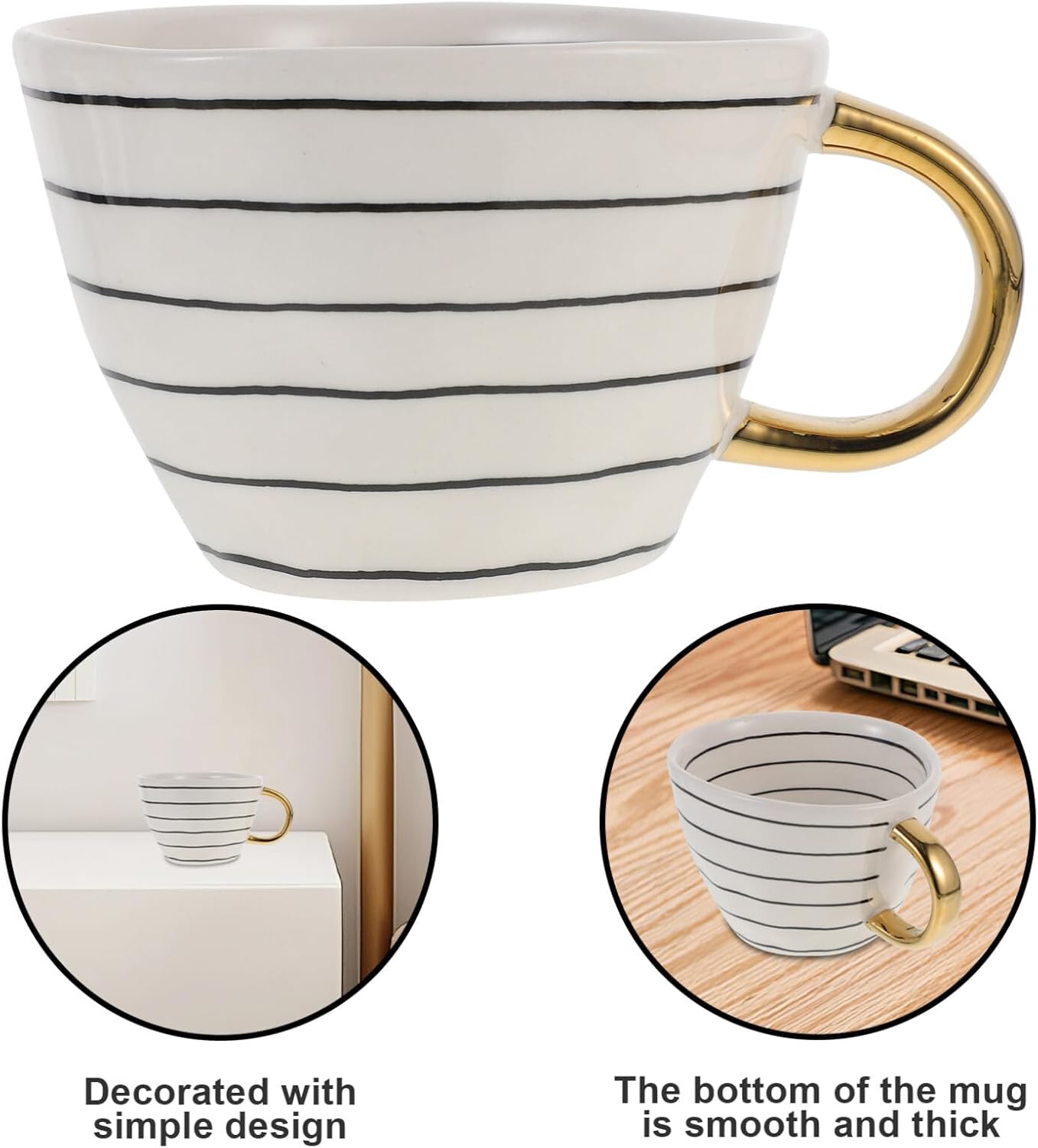Elegant Ceramic Mug with Gold Handle and Black Stripes for Tea Coffee and Water Capacity 16 Ounce