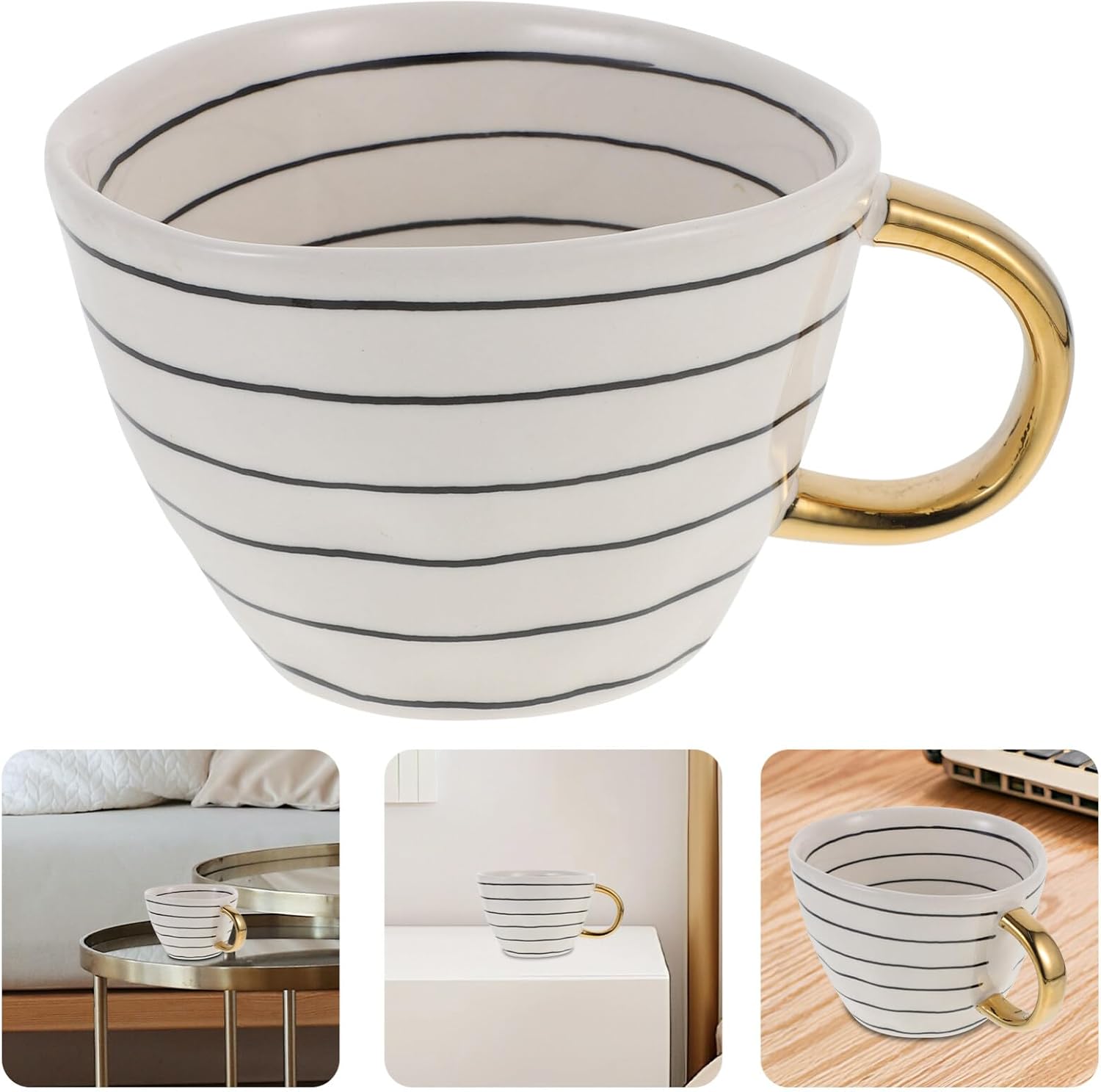 Elegant Ceramic Mug with Gold Handle and Black Stripes for Tea Coffee and Water Capacity 16 Ounce