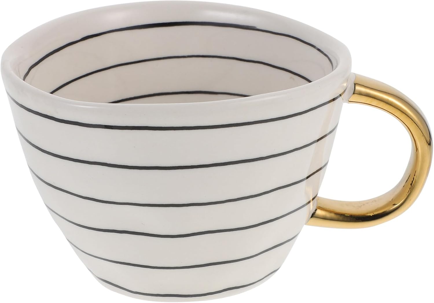 Elegant Ceramic Mug with Gold Handle and Black Stripes for Tea Coffee and Water Capacity 16 Ounce