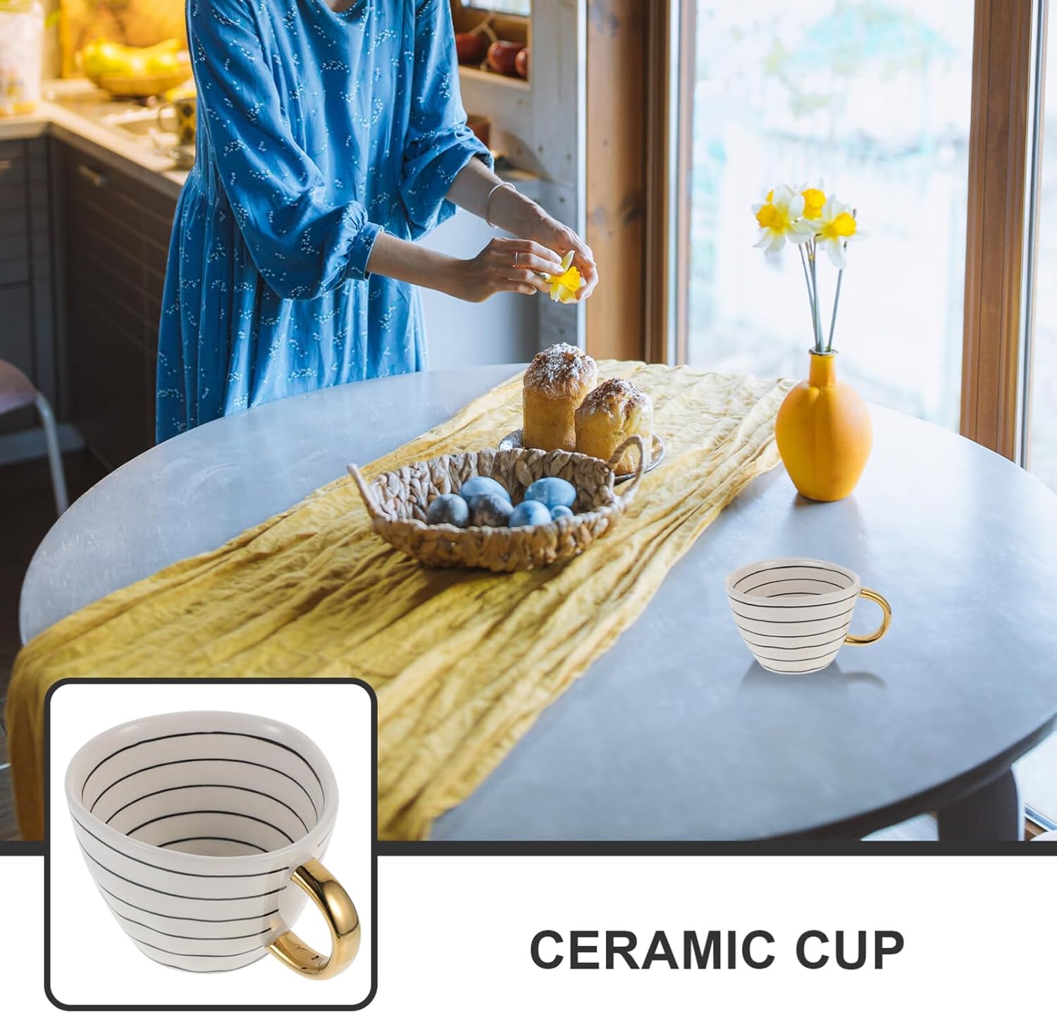 Elegant Ceramic Mug with Gold Handle and Black Stripes for Tea Coffee and Water Capacity 16 Ounce