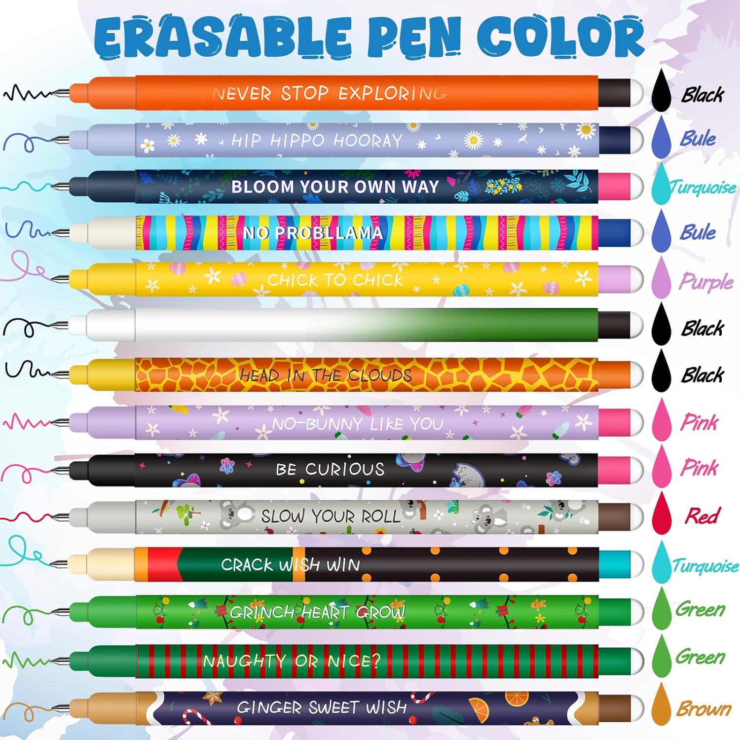 Erasable Gel Pen Set - Christmas Erasable Gel Pens Ball on End to Remove Ink, Heat Sensitive, Tip Diameter 0.7 mm (Set of 21 Erasable Pens -C)
