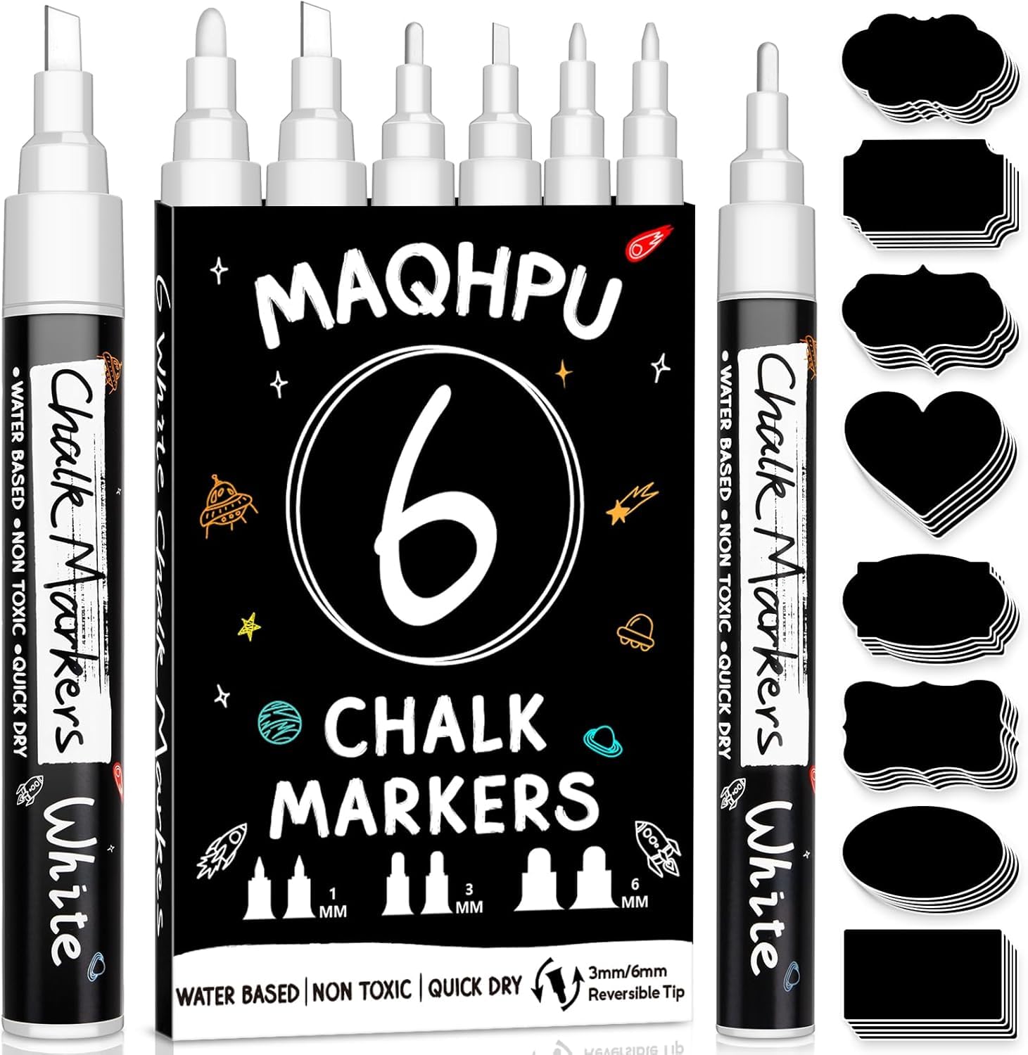 Erasable Liquid Chalk Markers, 6 White Markers and 45Pcs Label Stickers for Blackboard & Glass, Erasable Chalkboard Markers for Glass and Spice Jars (1mm, 3mm, 6mm)