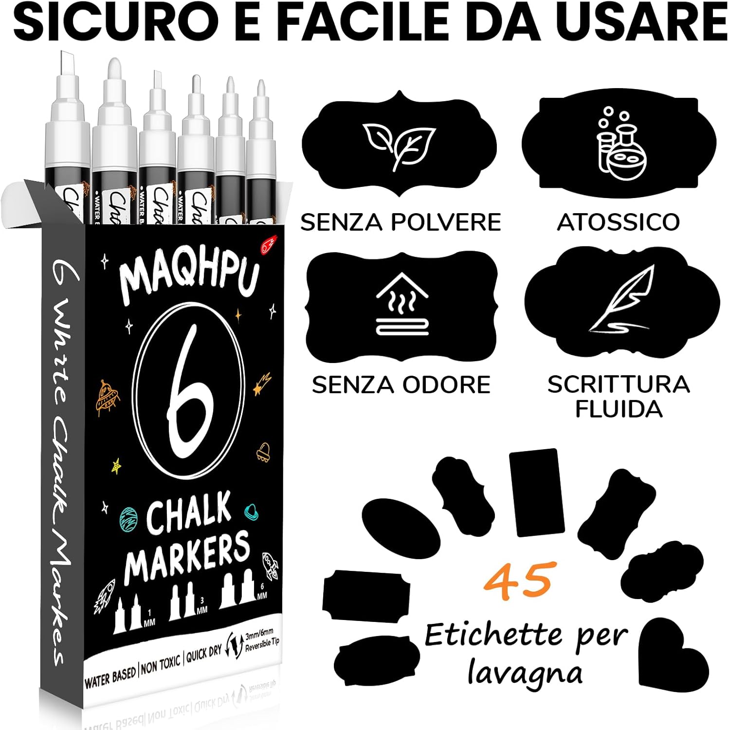 Erasable Liquid Chalk Markers, 6 White Markers and 45Pcs Label Stickers for Blackboard & Glass, Erasable Chalkboard Markers for Glass and Spice Jars (1mm, 3mm, 6mm)