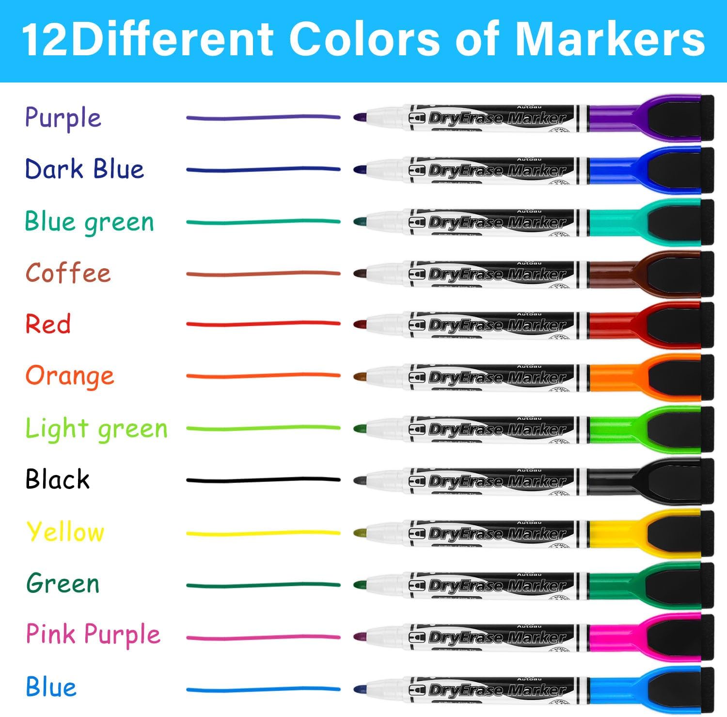 Erasable Whiteboard Markers, 12 Markers Dry Erase Magnetic Whiteboard Markers, Erasable Whiteboard Marker Fine Tip Pens for School, Office and Home 12 Colors