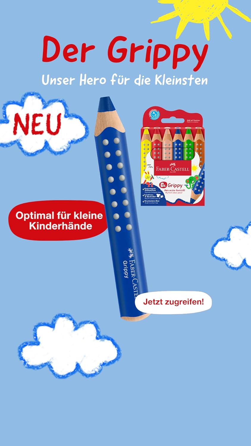 Faber-Castell 110636 Grippy Set, 10 Jumbo Colored Pencils for Children, Easily Washable, Ergonomic Triangular Shape and 10mm Thick Lead, Sharpener Included Set of 10 + pencil sharpener