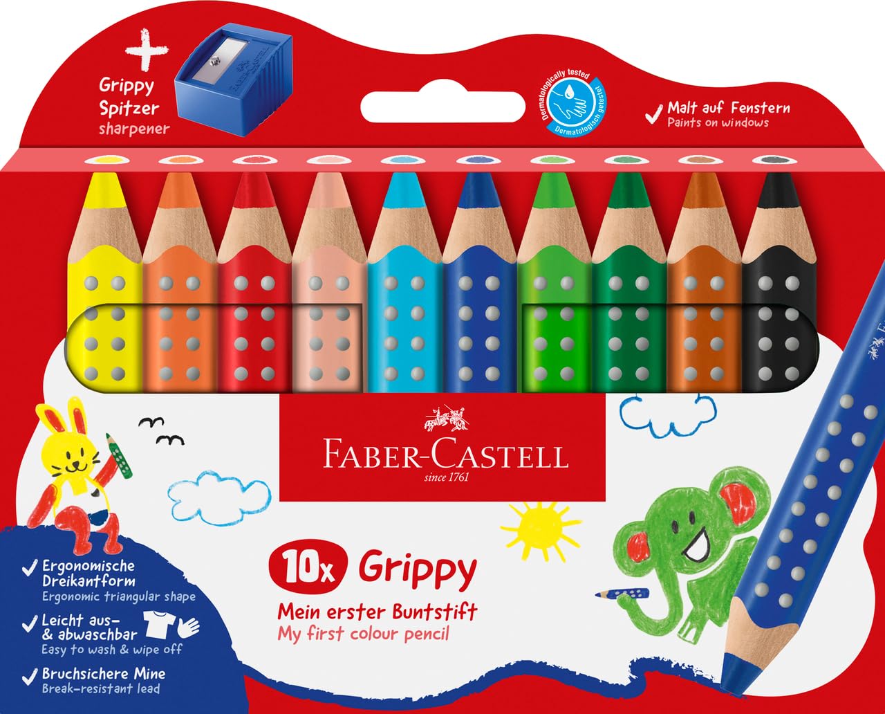 Faber-Castell 110636 Grippy Set, 10 Jumbo Colored Pencils for Children, Easily Washable, Ergonomic Triangular Shape and 10mm Thick Lead, Sharpener Included Set of 10 + pencil sharpener