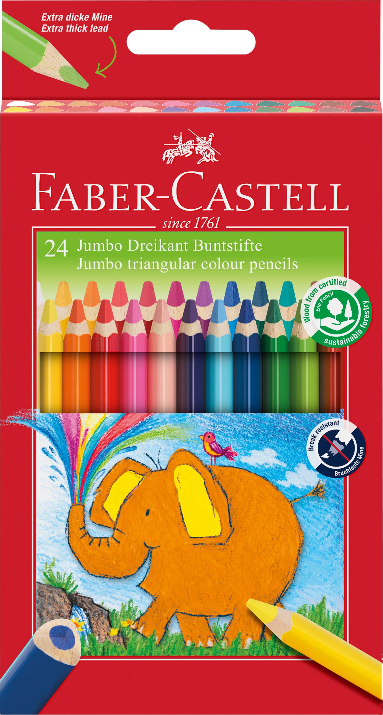 FABER-CASTELL 116524 Jumbo Triangular Colored Pencil Set, 24 Colored Pencils in Cardboard Case, for Children and Adults 1 Unit (Pack of 24)