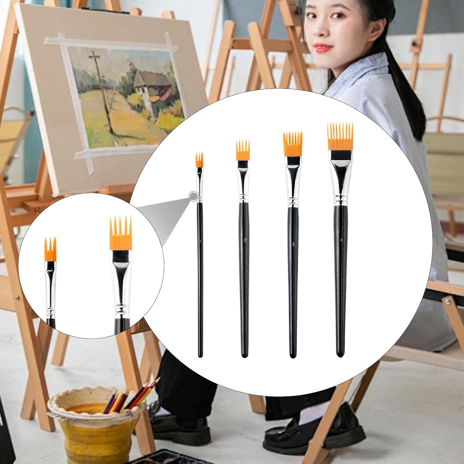 Flat Comb Paint Brush Set, Watercolor Brushes with Nylon Bristles for Acrylics, Watercolors, Gouache, for Painting Landscapes, Leaves, Trees and Paint by Number Projects