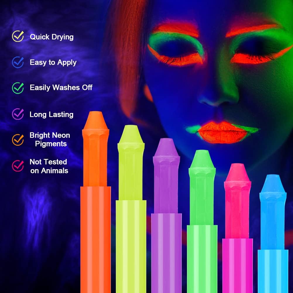 Fluorescent Makeup Pencils for Face and Body, 6 Colors Washable UV Colorful Fluorescent Neon Kit, Safe and Non-Toxic Body Paint for Multiple Birthday, Cosplay, Halloween and Christmas Parties