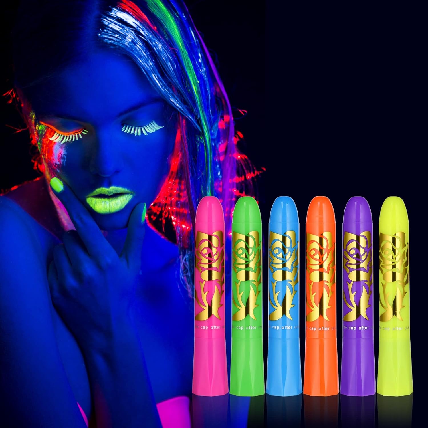 Fluorescent Makeup Pencils for Face and Body, 6 Colors Washable UV Colorful Fluorescent Neon Kit, Safe and Non-Toxic Body Paint for Multiple Birthday, Cosplay, Halloween and Christmas Parties